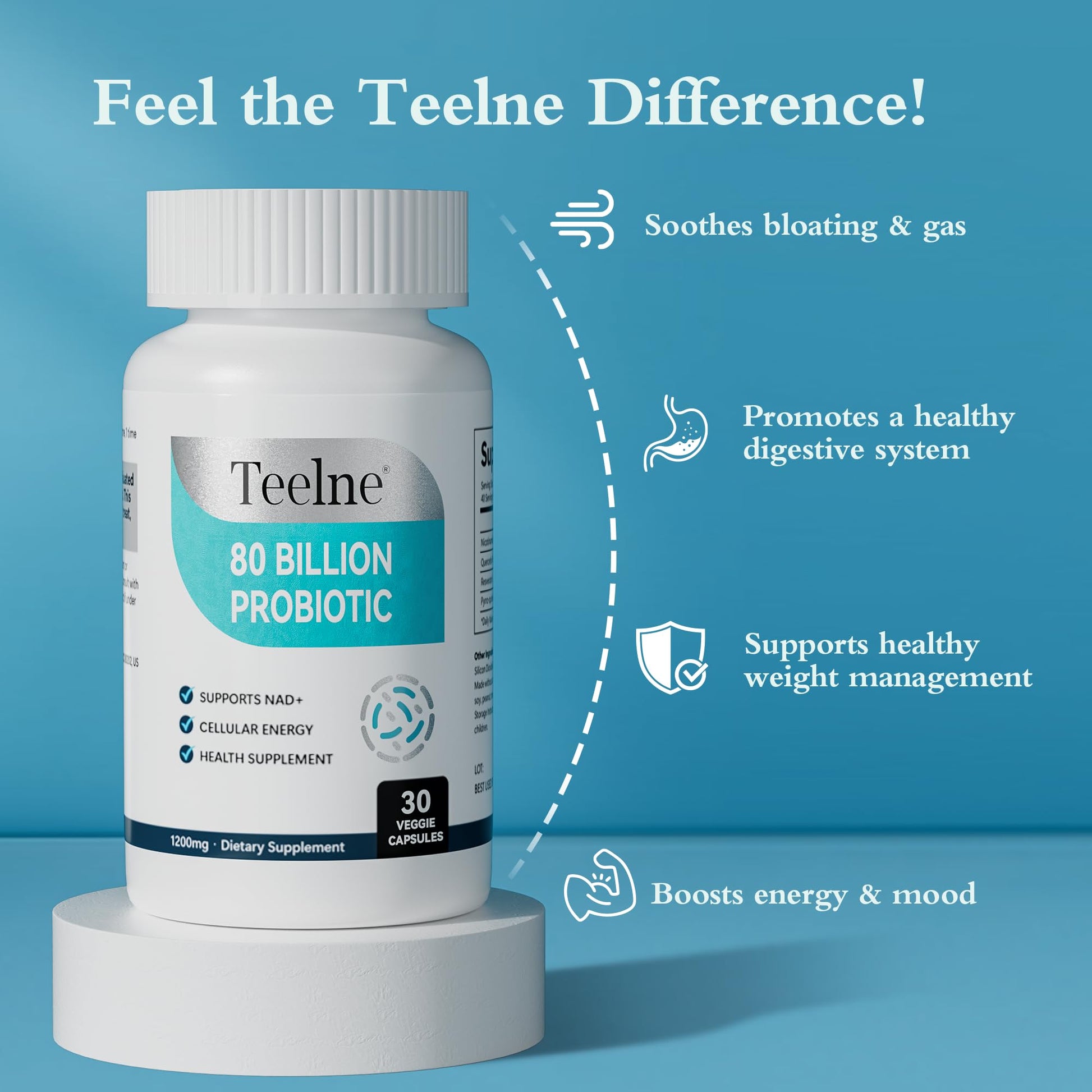 Teelne Probiotics 80 Billion CFU - 10 strains, Prebiotic+ Probiotics Support Digestive & Gut Health, Bloating & Constipation Relief, 30 Capsules (30-Day Supply) - OzHealthStandard
