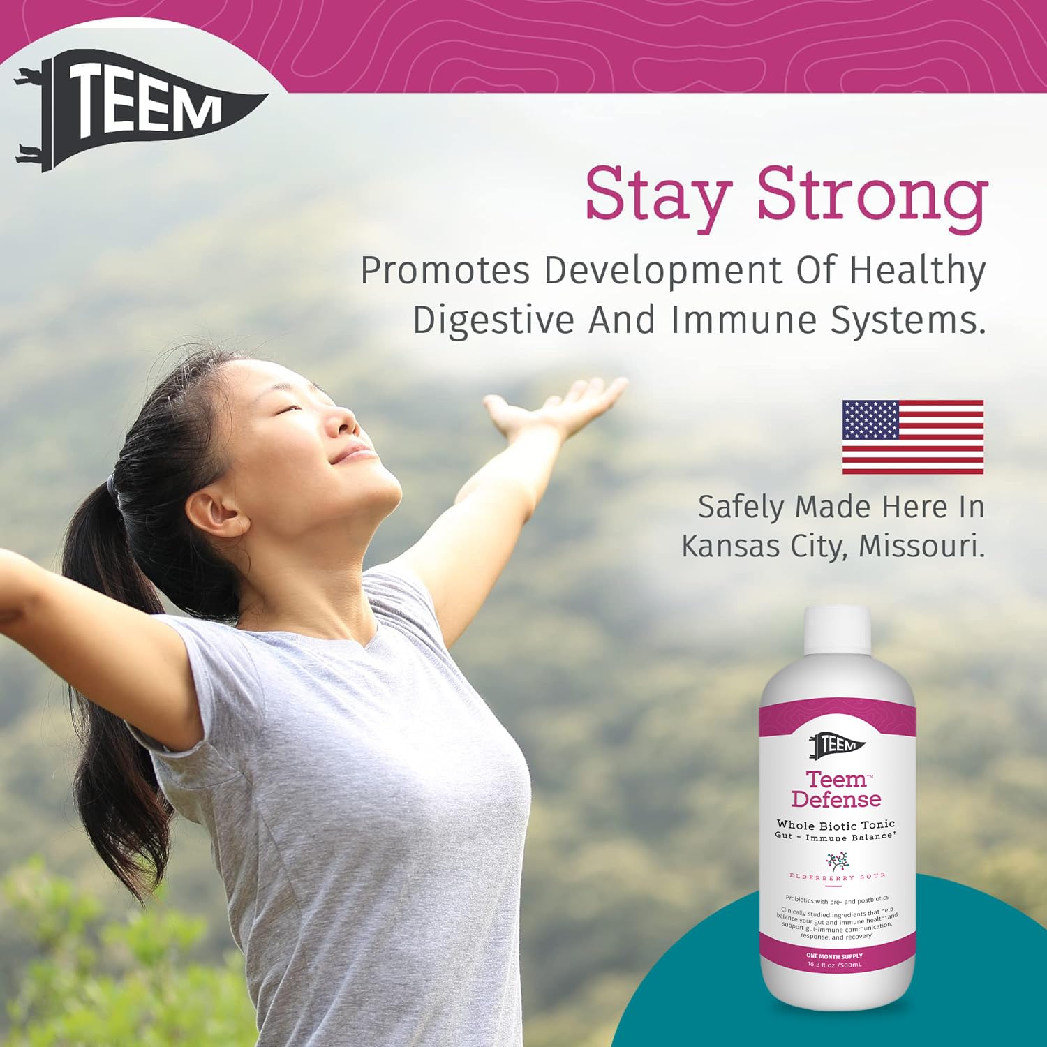 Teem Defense Liquid Probiotic with Elderberry, Whole Biotic Tonic for Digestion & Immunity, Prebiotic Probiotic & Postbiotic Supplement for Kids and Adults, 30 Day Supply – 16.3 Fl.Oz - OzHealthStandard