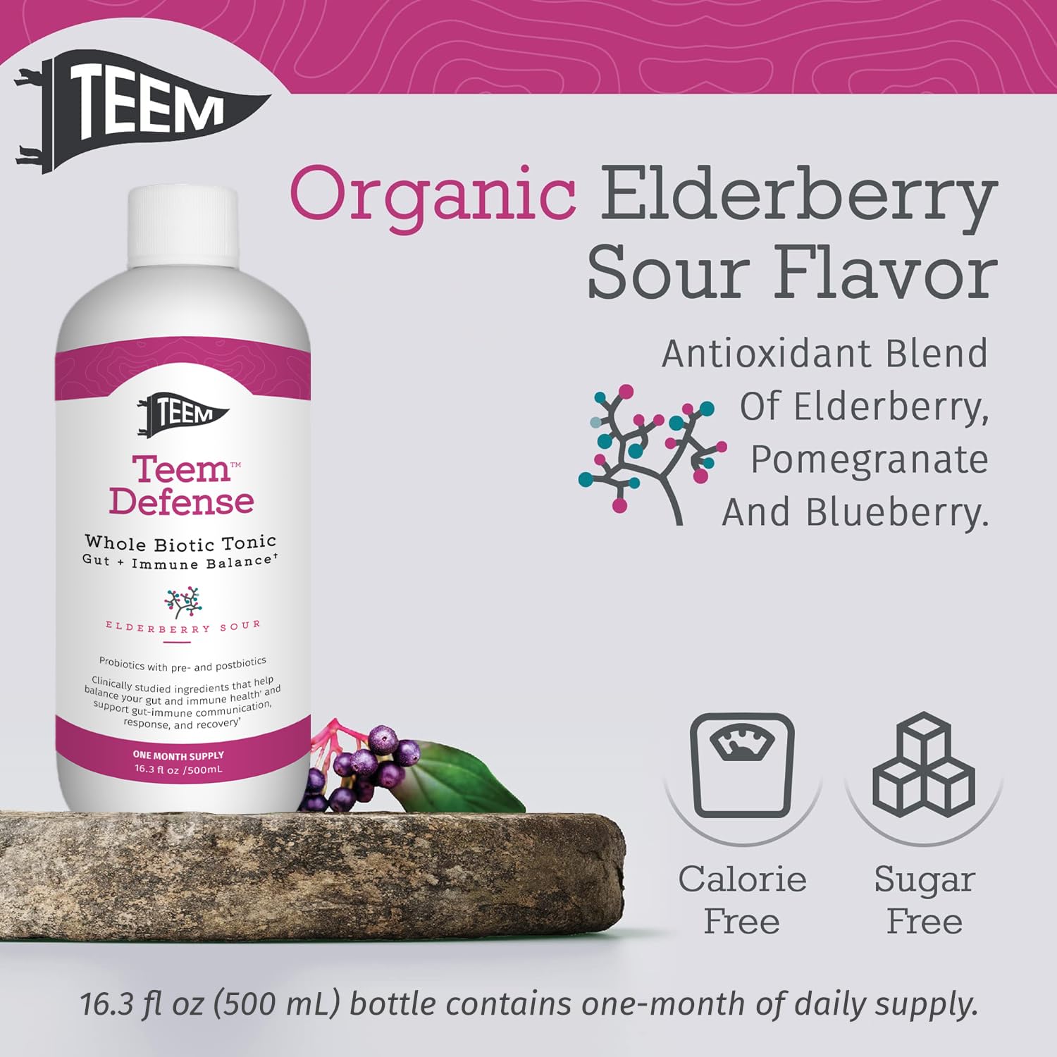 Teem Defense Liquid Probiotic with Elderberry, Whole Biotic Tonic for Digestion & Immunity, Prebiotic Probiotic & Postbiotic Supplement for Kids and Adults, 30 Day Supply – 16.3 Fl.Oz - OzHealthStandard