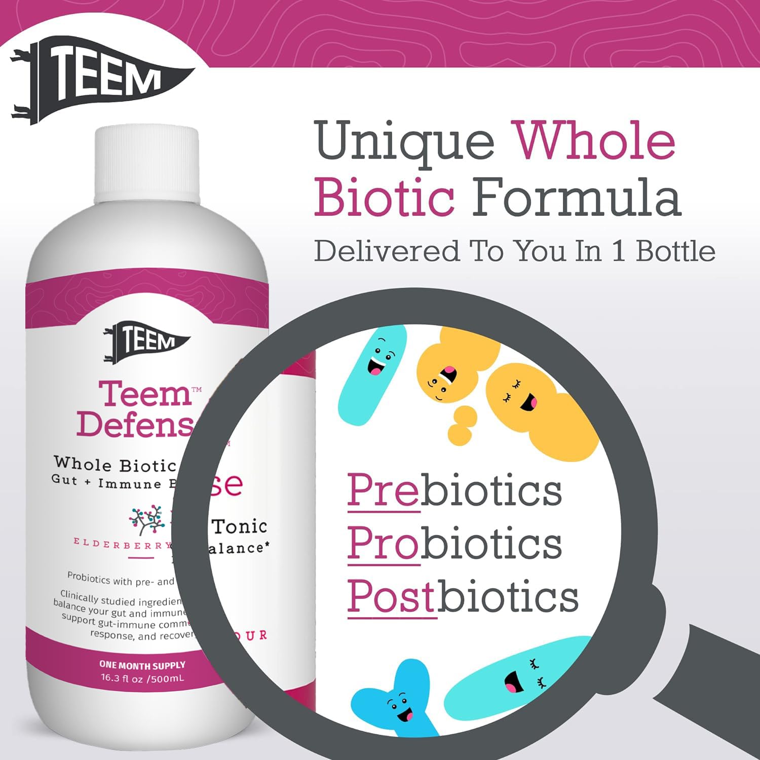 Teem Defense Liquid Probiotic with Elderberry, Whole Biotic Tonic for Digestion & Immunity, Prebiotic Probiotic & Postbiotic Supplement for Kids and Adults, 30 Day Supply – 16.3 Fl.Oz - OzHealthStandard