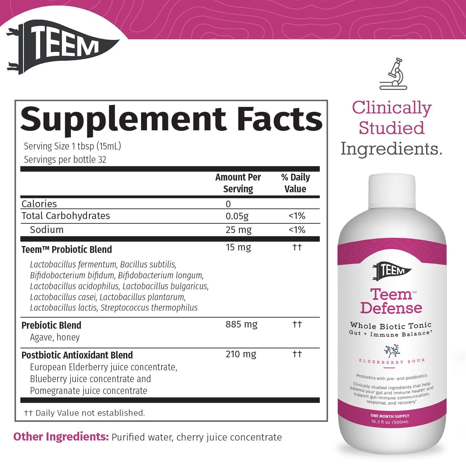 Teem Defense Liquid Probiotic with Elderberry, Whole Biotic Tonic for Digestion & Immunity, Prebiotic Probiotic & Postbiotic Supplement for Kids and Adults, 30 Day Supply – 16.3 Fl.Oz - OzHealthStandard