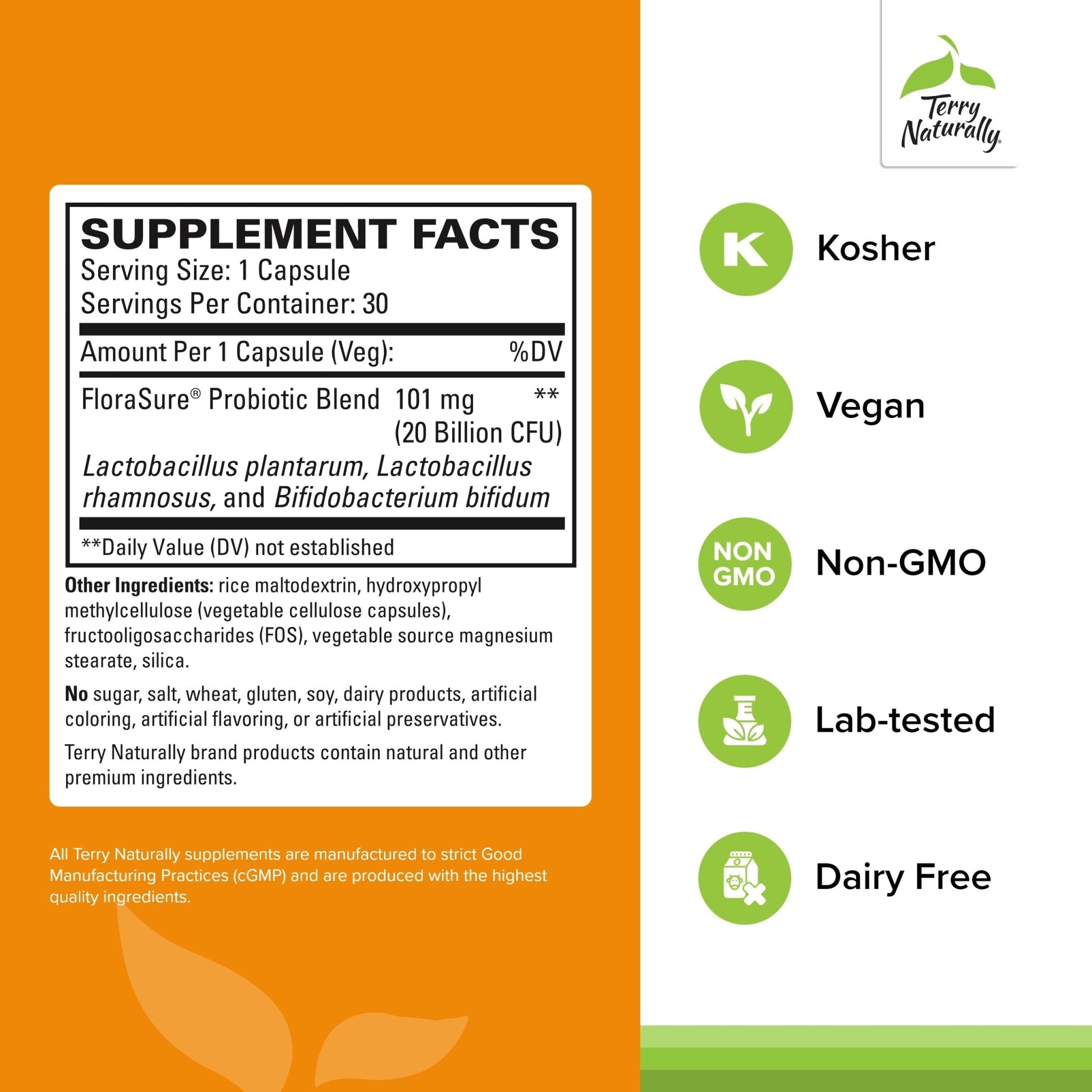 Terry Naturally FloraSure Probiotic - Digestion Supplement to Aid Against Occasional Bloating & Support Gas Relief - Gut Health Support Supplement with Bifidobacterium Bifidum - 30 Capsules - OzHealthStandard
