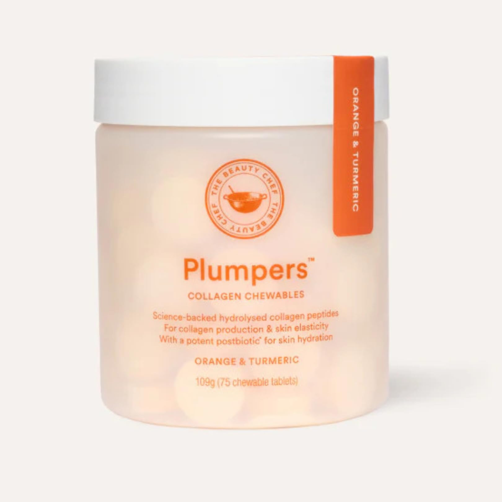 The Beauty Chef Plumpers™ Collagen Chewable Tablets with Hyaluronic Acid & Postbiotic, Supports Skin Elasticity & Collagen, Women's Multivitamin, Collagen Peptides, 75 Tablets (Orange & Turmeric) - OzHealthStandard