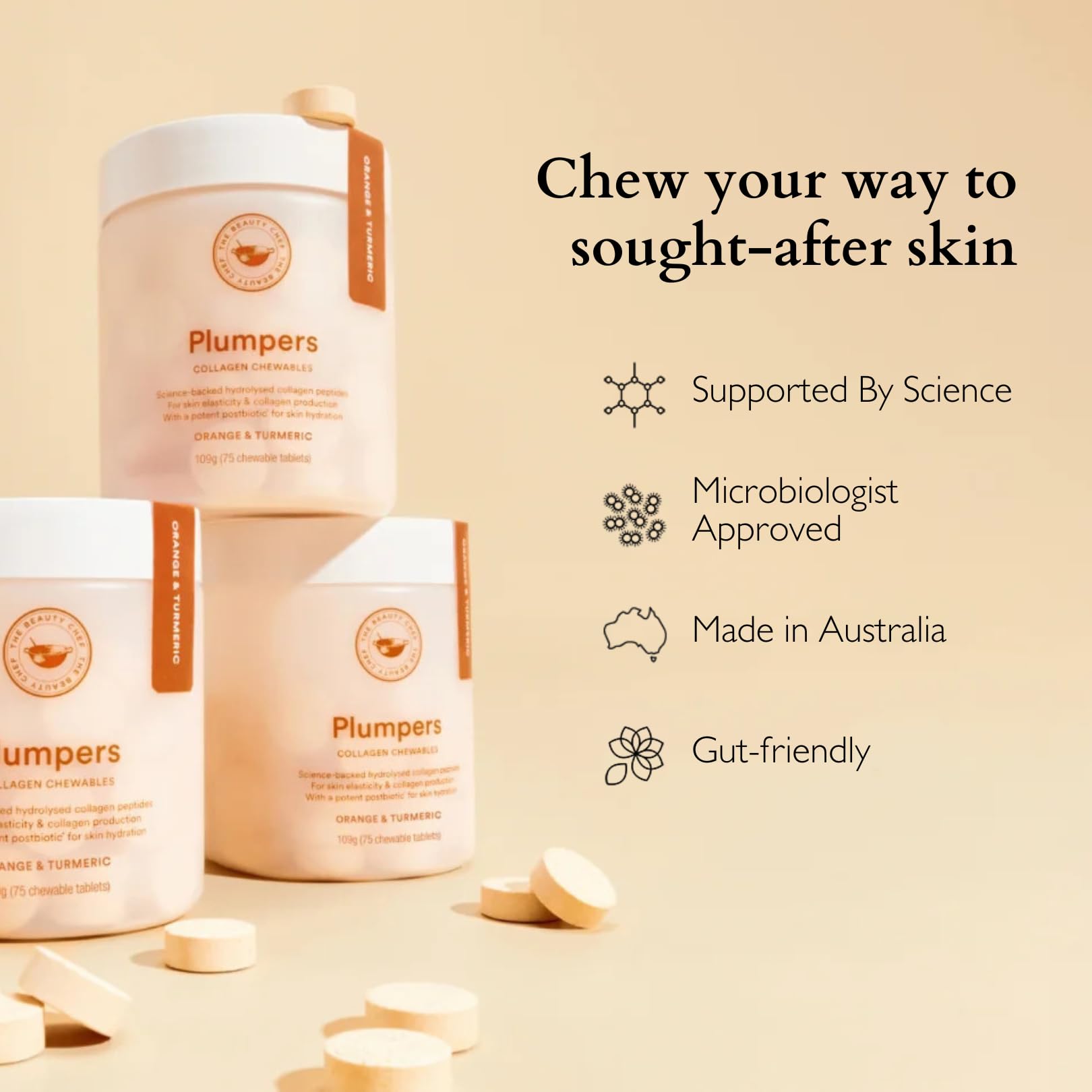 The Beauty Chef Plumpers™ Collagen Chewable Tablets with Hyaluronic Acid & Postbiotic, Supports Skin Elasticity & Collagen, Women's Multivitamin, Collagen Peptides, 75 Tablets (Orange & Turmeric) - OzHealthStandard