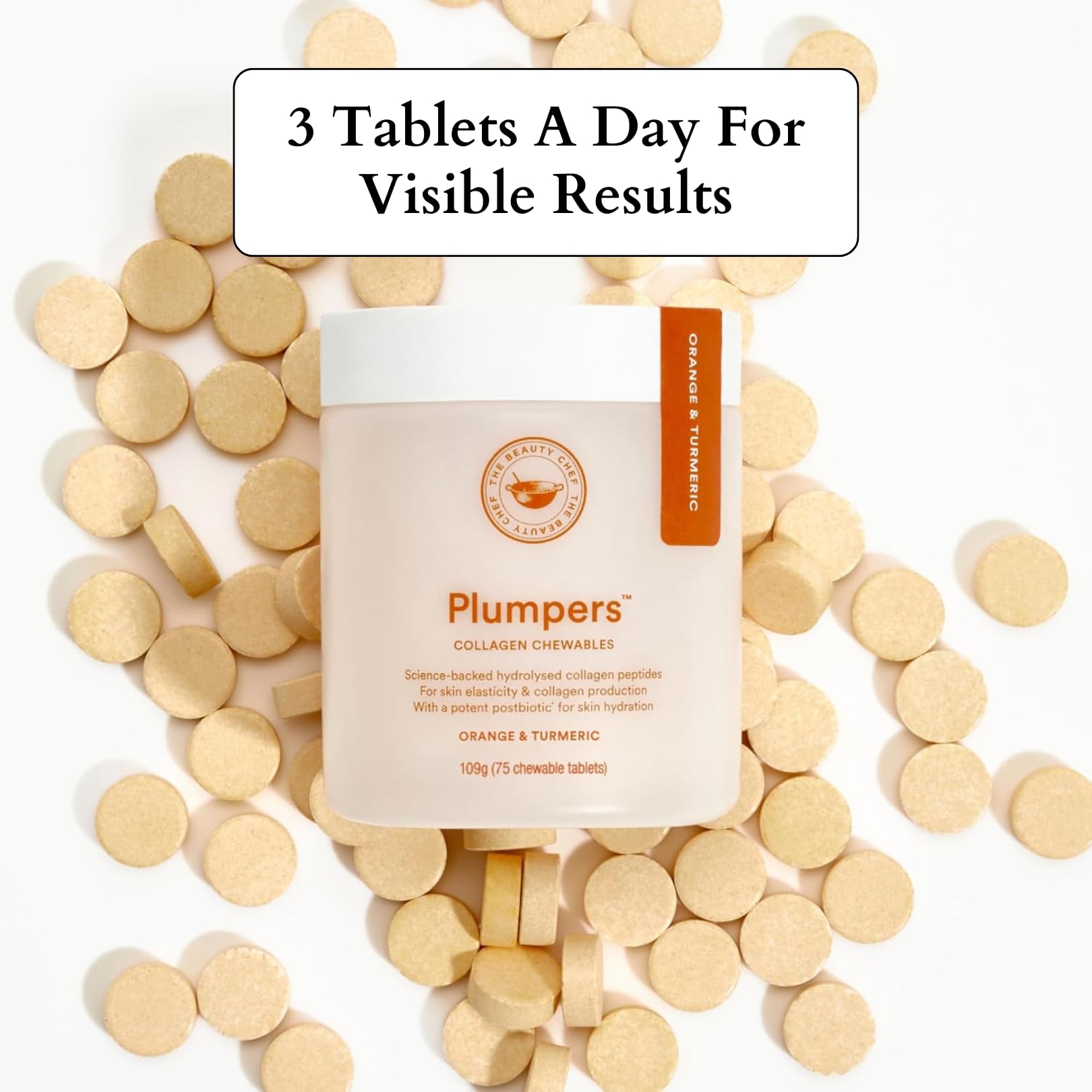 The Beauty Chef Plumpers™ Collagen Chewable Tablets with Hyaluronic Acid & Postbiotic, Supports Skin Elasticity & Collagen, Women's Multivitamin, Collagen Peptides, 75 Tablets (Orange & Turmeric) - OzHealthStandard