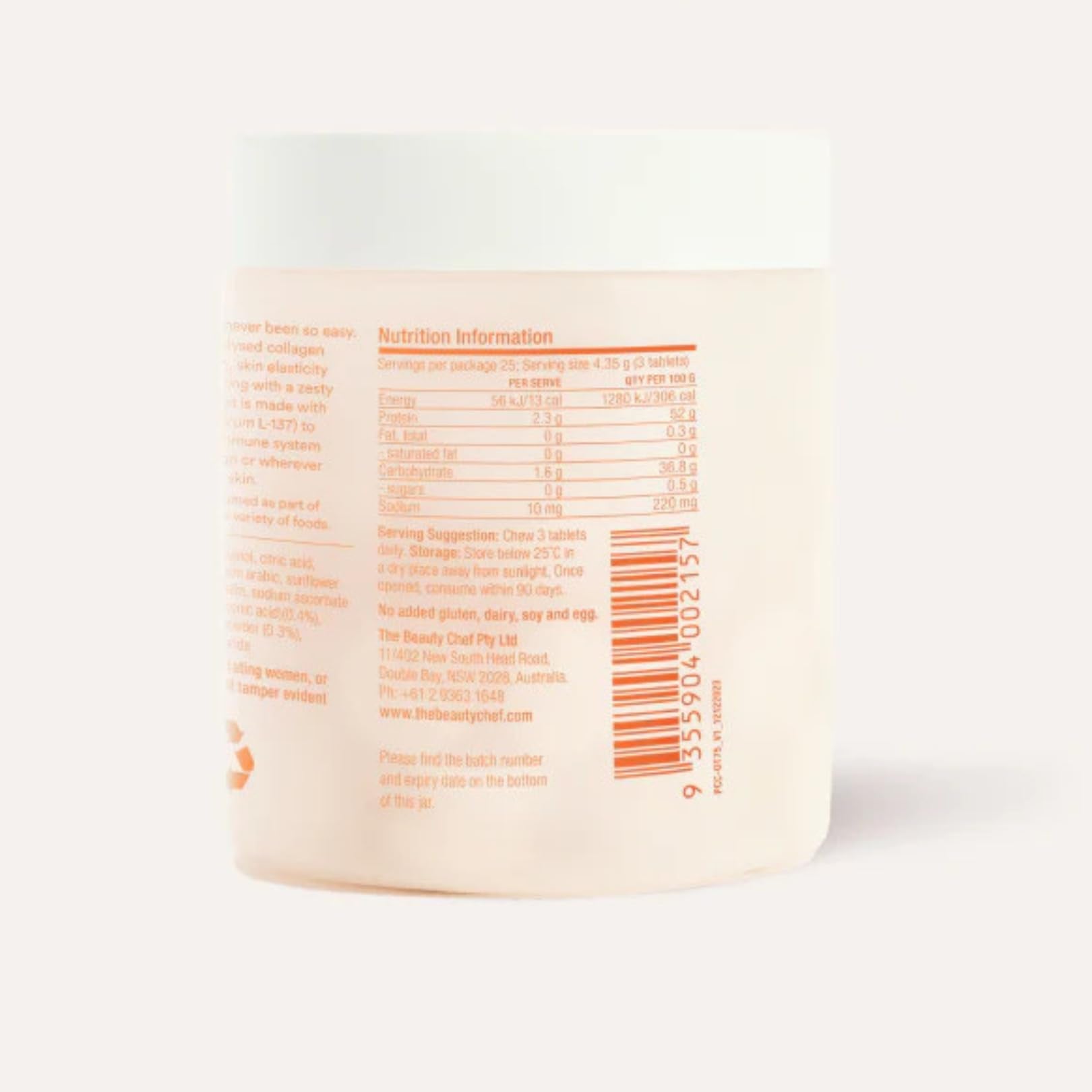 The Beauty Chef Plumpers™ Collagen Chewable Tablets with Hyaluronic Acid & Postbiotic, Supports Skin Elasticity & Collagen, Women's Multivitamin, Collagen Peptides, 75 Tablets (Orange & Turmeric) - OzHealthStandard