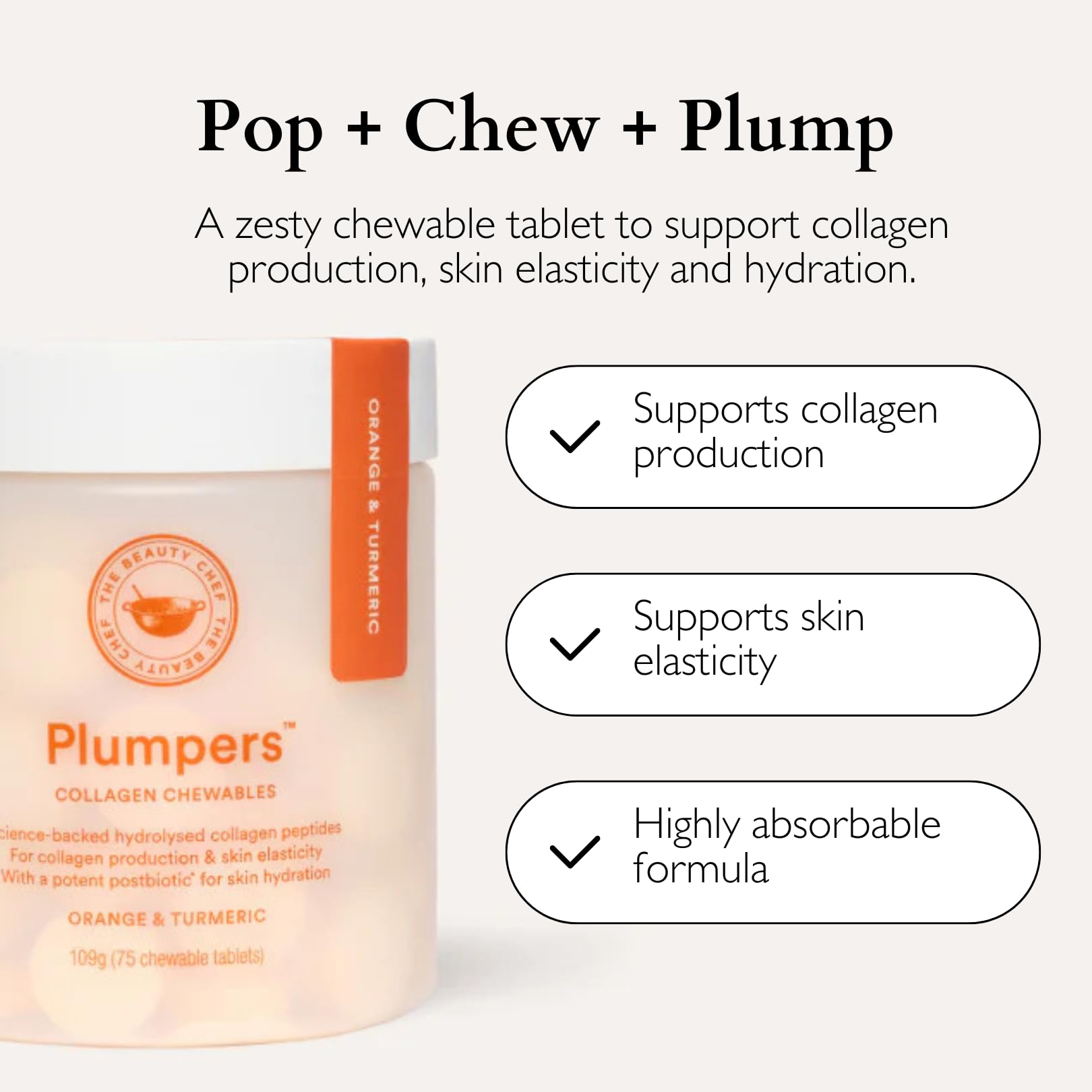 The Beauty Chef Plumpers™ Collagen Chewable Tablets with Hyaluronic Acid & Postbiotic, Supports Skin Elasticity & Collagen, Women's Multivitamin, Collagen Peptides, 75 Tablets (Orange & Turmeric) - OzHealthStandard