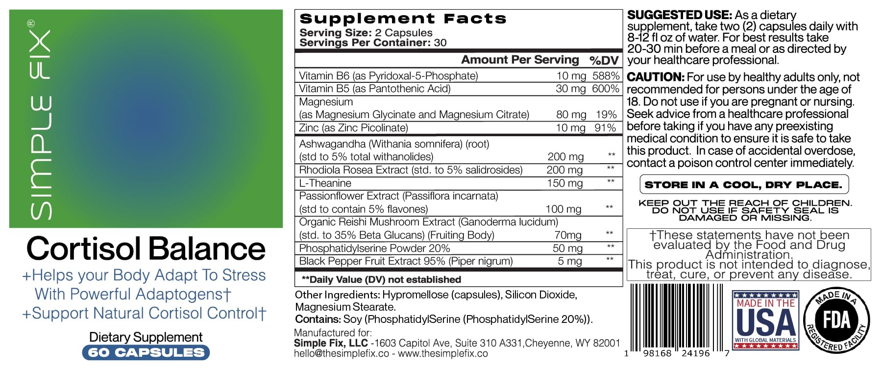 The Simple Fix Cortisol Balance Supplement – Supports Stress, Focus & Daily Energy – with Ashwagandha, Rhodiola Rosea, L-Theanine, Magnesium, Zinc & B6 – Adaptogen Formula – Vegan Capsules - OzHealthStandard
