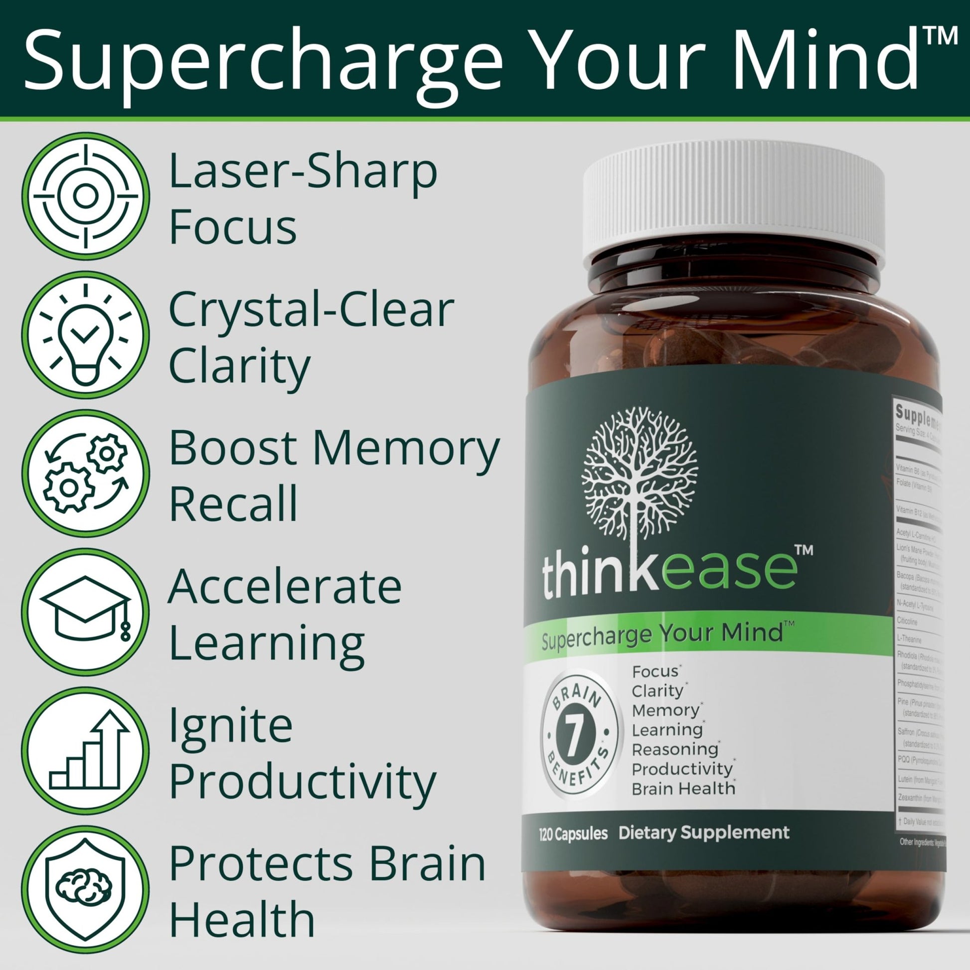 ThinkEase Brain Supplement (120 Capsules) | Memory, Mental Clarity, Focus, Cognitive Performance | Nootropic Supplement with L-Theanine, Acetyl L-Carnitine, Phosphatidylserine, Lion's Mane & More - OzHealthStandard