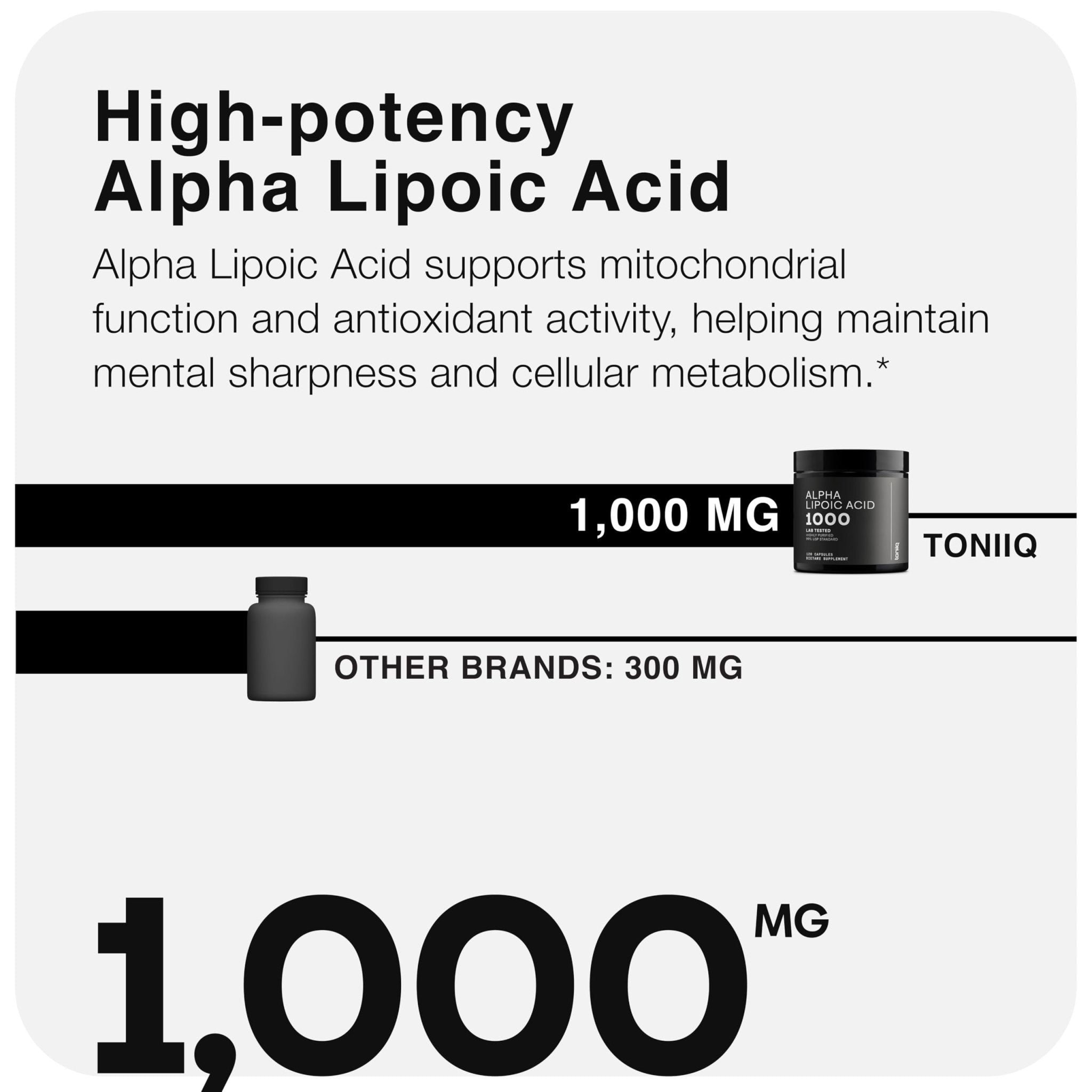 Toniiq 1000mg Ultra High Strength Alpha Lipoic Acid Capsules - Highly Purified 99%+ USP Standard - 120 Capsules ALA Supplement - OzHealthStandard