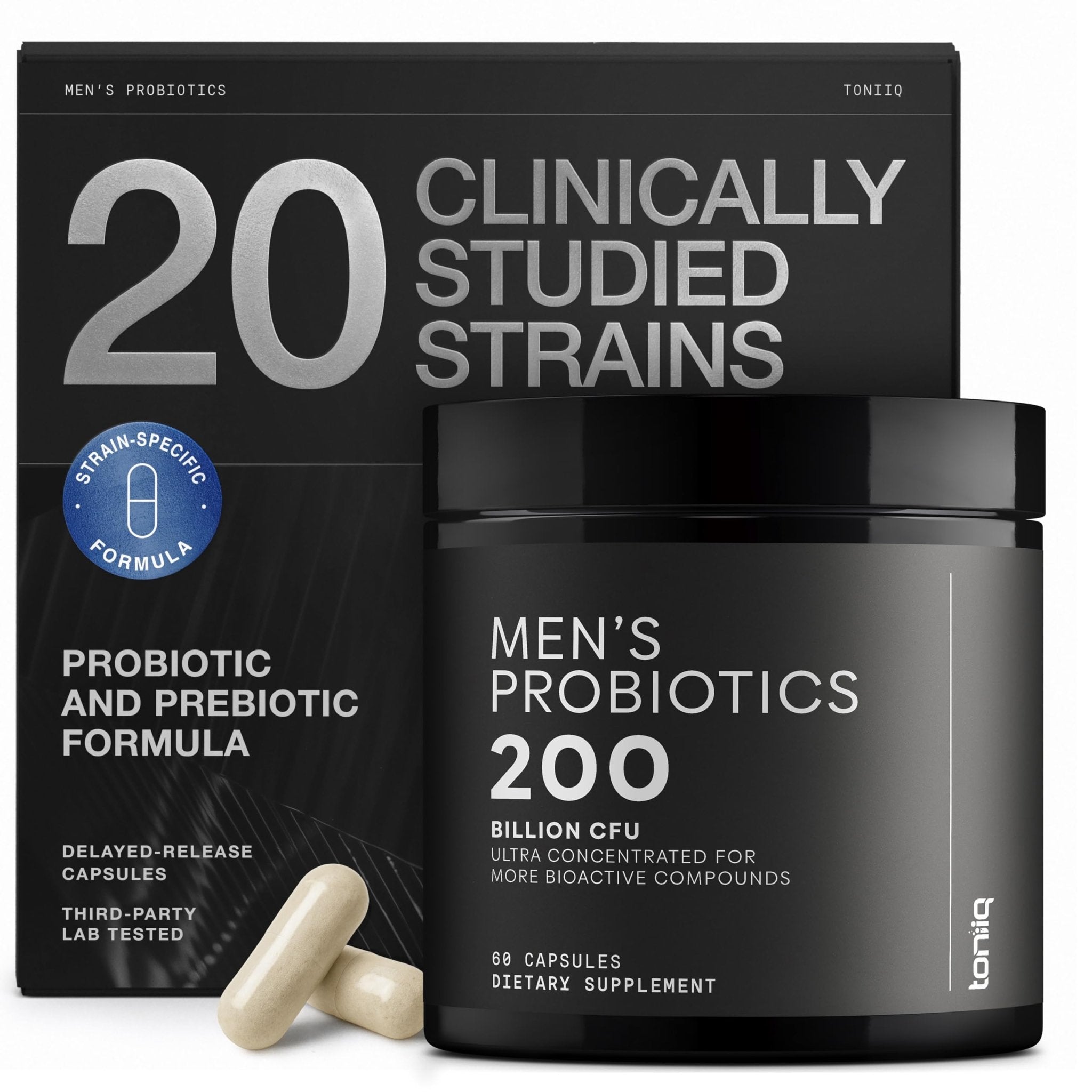 Toniiq Mens Probiotic with 20 Verified Strains – 200 Bilion CFU + 200mg FOS Prebiotic – Mens Probiotics for Gut Health - Cold-Chain & Delayed-Release – Lab-Tested Synbiotic Formula - OzHealthStandard