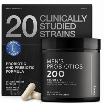 Toniiq Mens Probiotic with 20 Verified Strains – 200 Bilion CFU + 200mg FOS Prebiotic – Mens Probiotics for Gut Health - Cold-Chain & Delayed-Release – Lab-Tested Synbiotic Formula - OzHealthStandard
