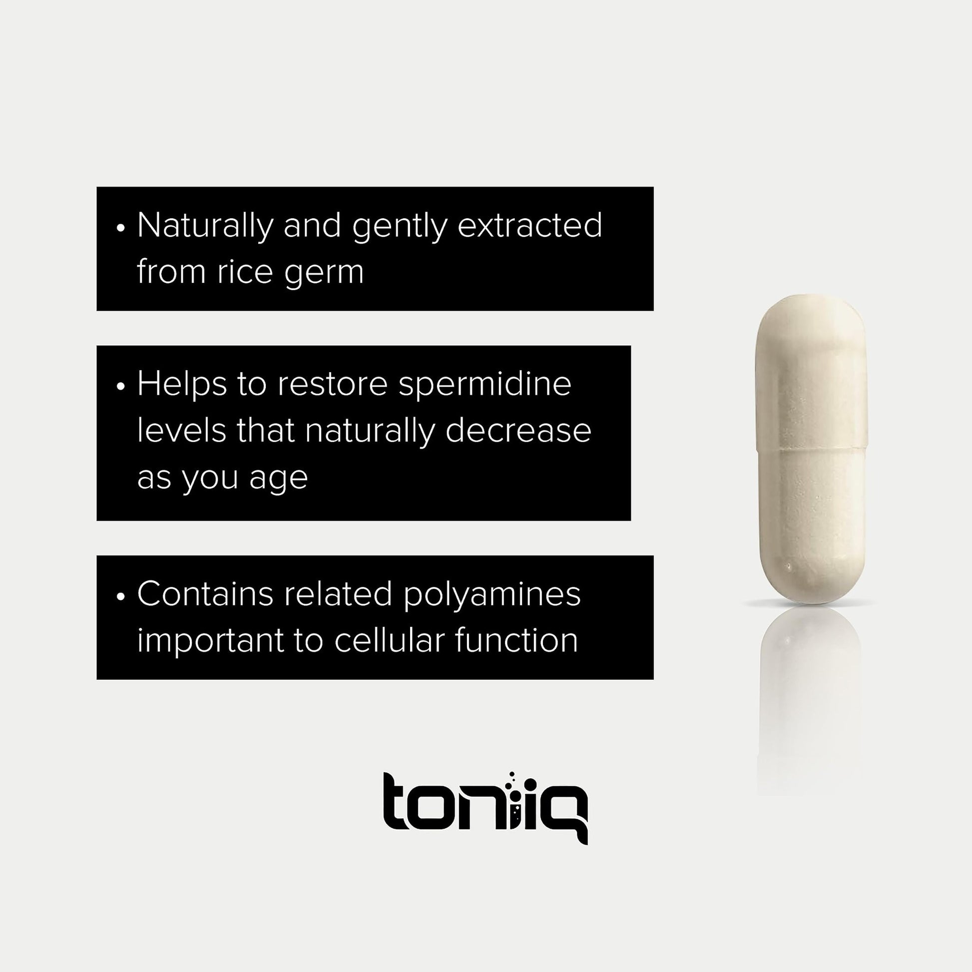 Toniiq Ultra Concentrated 500mg Spermidine Supplements for Men and Women - Non-Synthetic Spermidine Standardized to No Less Than 1% - 5mg per Serving Rice Germ Extract - OzHealthStandard