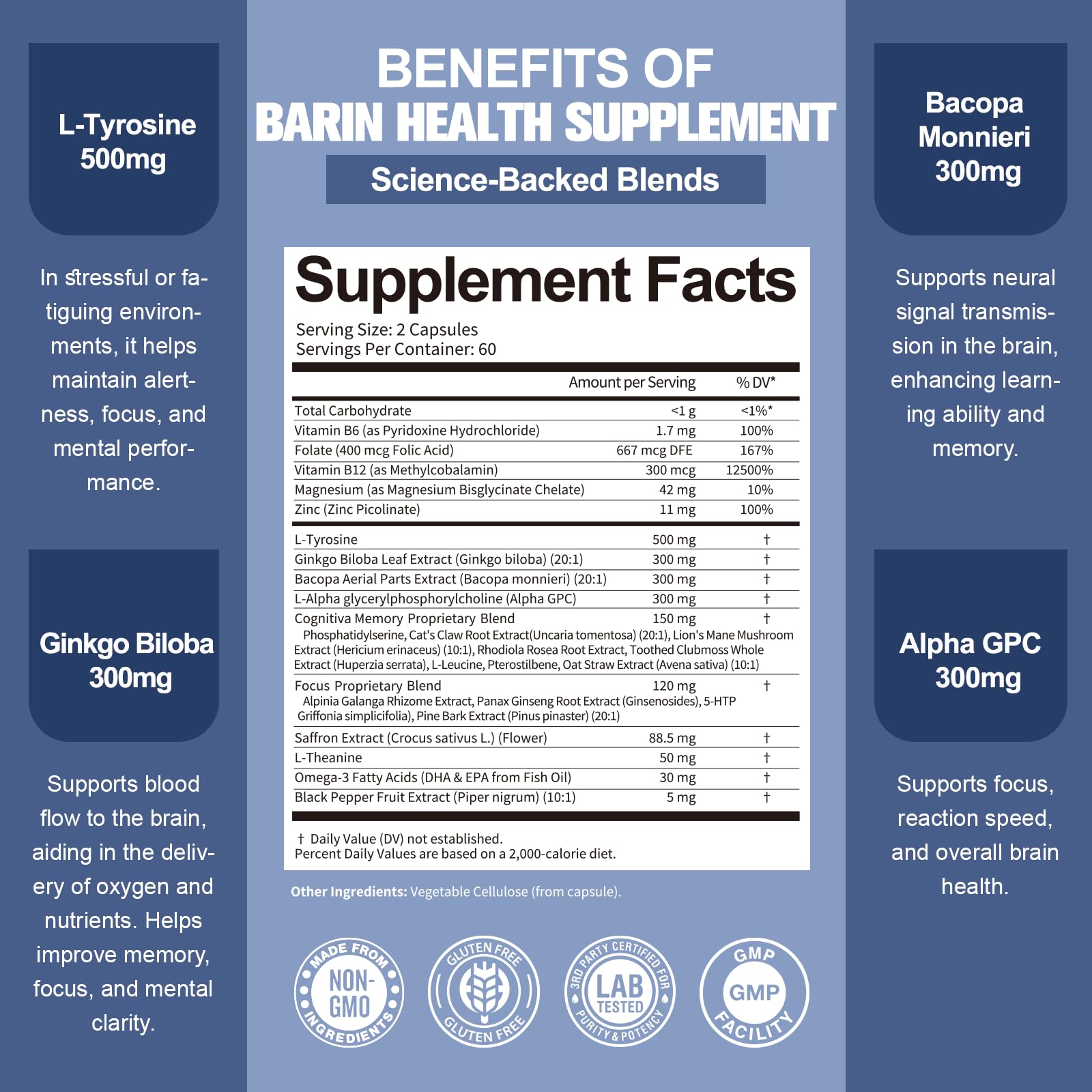 Totara Brain Supplements for Memory and Focus丨Non-Caffeinated Energy with L-Tyrosine, Alpha GPC, Ginkgo Biloba, Bacopa Monnieri, Saffron – Gluten Free, Non-GMO for Neuro & Brain Health (120 Counts) - OzHealthStandard