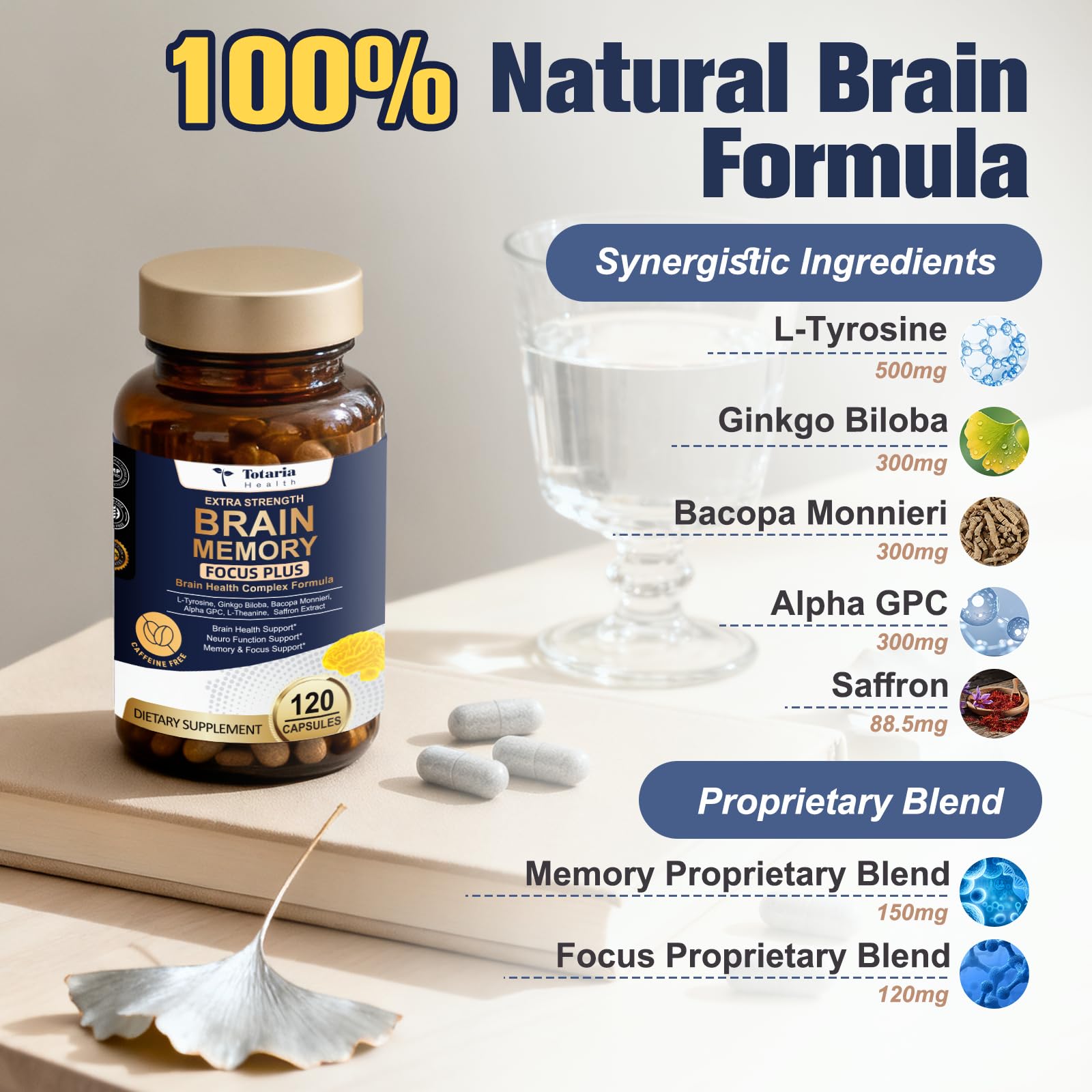 Totara Brain Supplements for Memory and Focus丨Non-Caffeinated Energy with L-Tyrosine, Alpha GPC, Ginkgo Biloba, Bacopa Monnieri, Saffron – Gluten Free, Non-GMO for Neuro & Brain Health (120 Counts) - OzHealthStandard