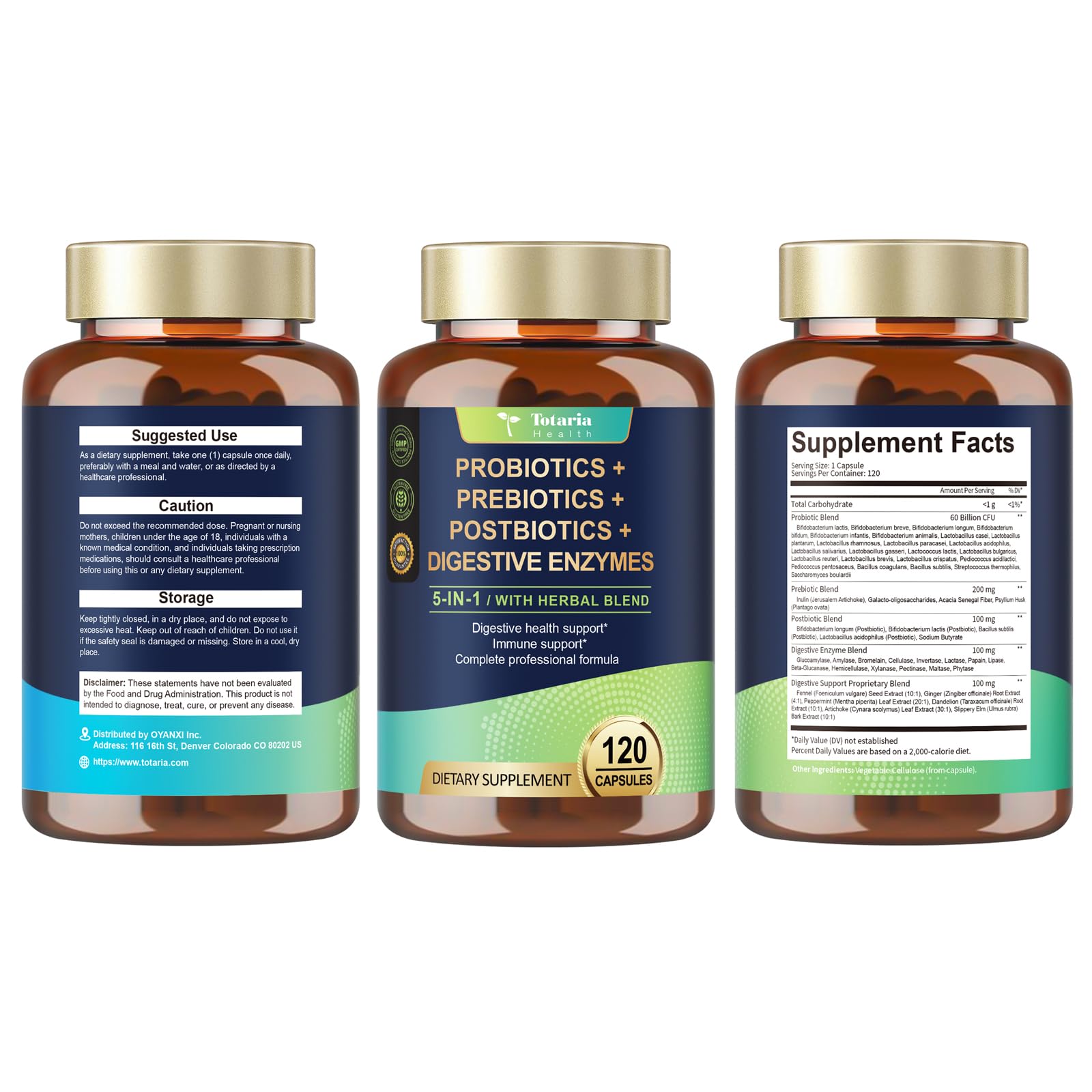 Totaria (2 Packs) 5-in-1 Probiotic Prebiotic & Postbiotic for Women Men, 60 Billion CFU 24 Strains w/Digestive Enzymes, Slippery Elm, Daily Complete Gut Health, Digestive & Immune Support - OzHealthStandard