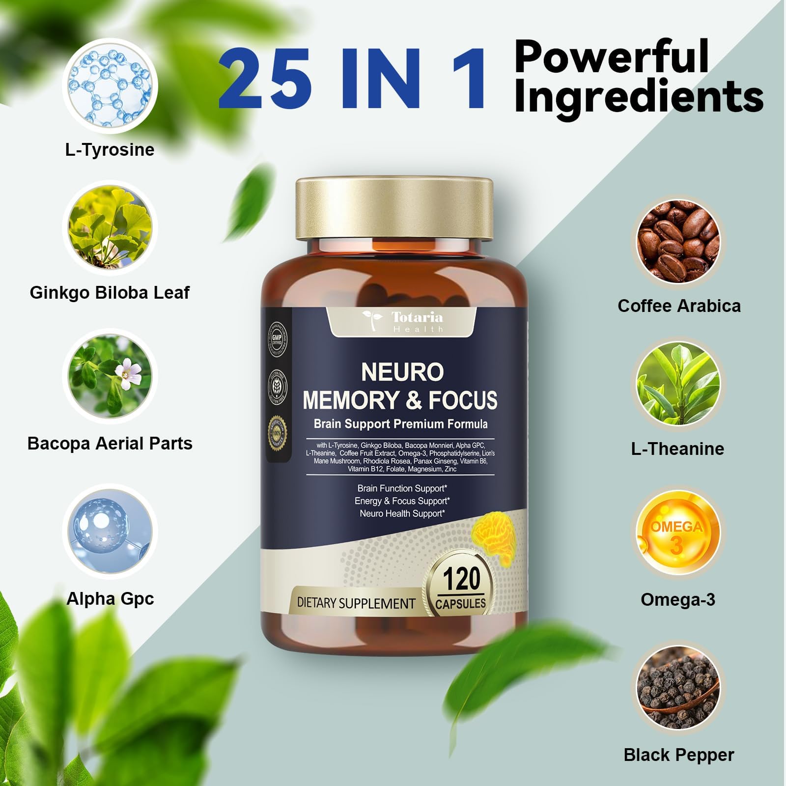Totaria C-ognitive with Caffeine Pills, L-Tyrosine, Alpha GPC, Ginkgo Biloba, Bacopa Monnieri Brain Supplement for Memory and Focus, Brain Nootropic Support - Non-GMO, Gluten Free (2 Packs) - OzHealthStandard
