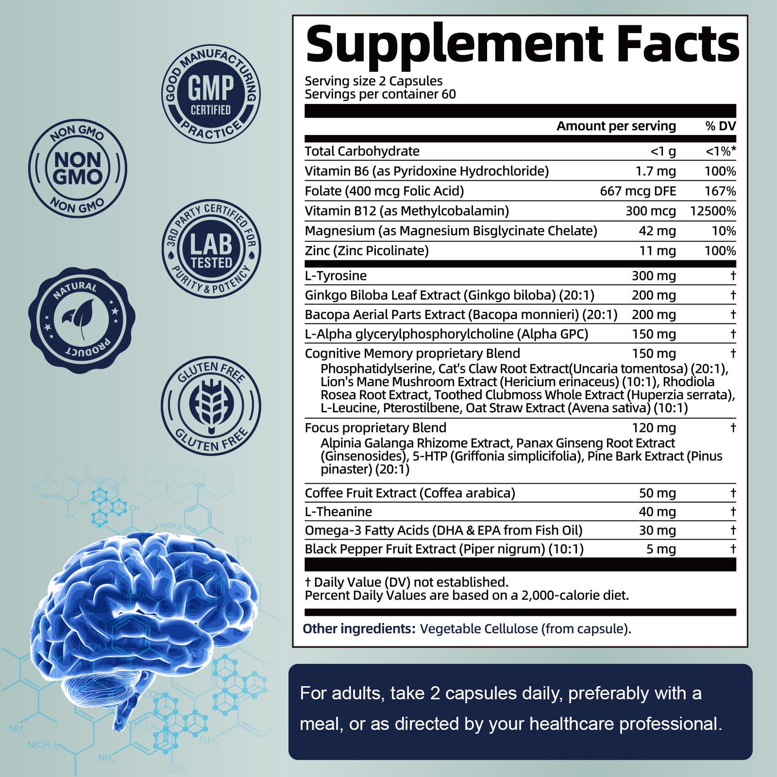 Totaria C-ognitive with Caffeine Pills, L-Tyrosine, Alpha GPC, Ginkgo Biloba, Bacopa Monnieri Brain Supplement for Memory and Focus, Brain Nootropic Support - Non-GMO, Gluten Free (2 Packs) - OzHealthStandard