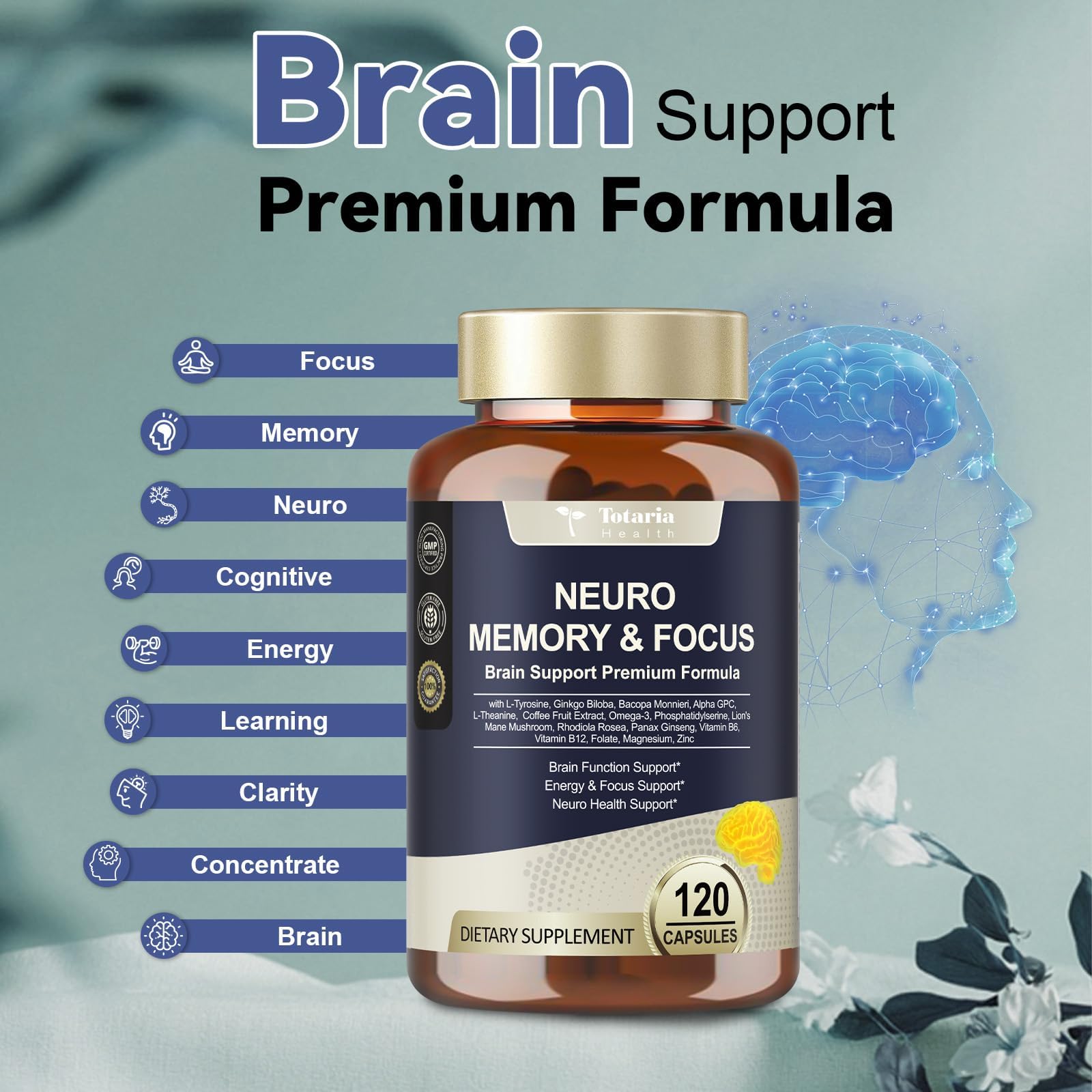 Totaria C-ognitive with Caffeine Pills, L-Tyrosine, Alpha GPC, Ginkgo Biloba, Bacopa Monnieri Brain Supplement for Memory and Focus, Brain Nootropic Support - Non-GMO, Gluten Free (2 Packs) - OzHealthStandard