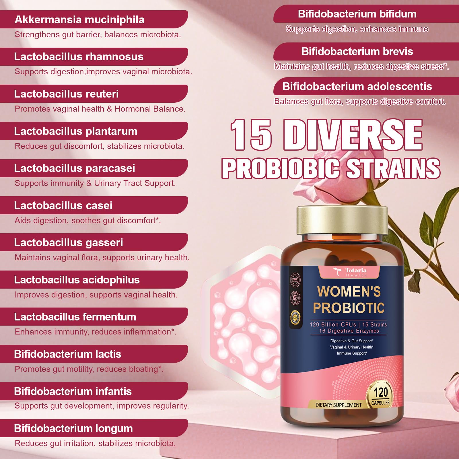 Totaria Probiotics for Women, 120 Billion Women Probiotic, with Akkermansia, Digestive Enzymes & Prebiotics, Cranberry, D-Mannose, for Gut, Vaginal, Urinary - OzHealthStandard