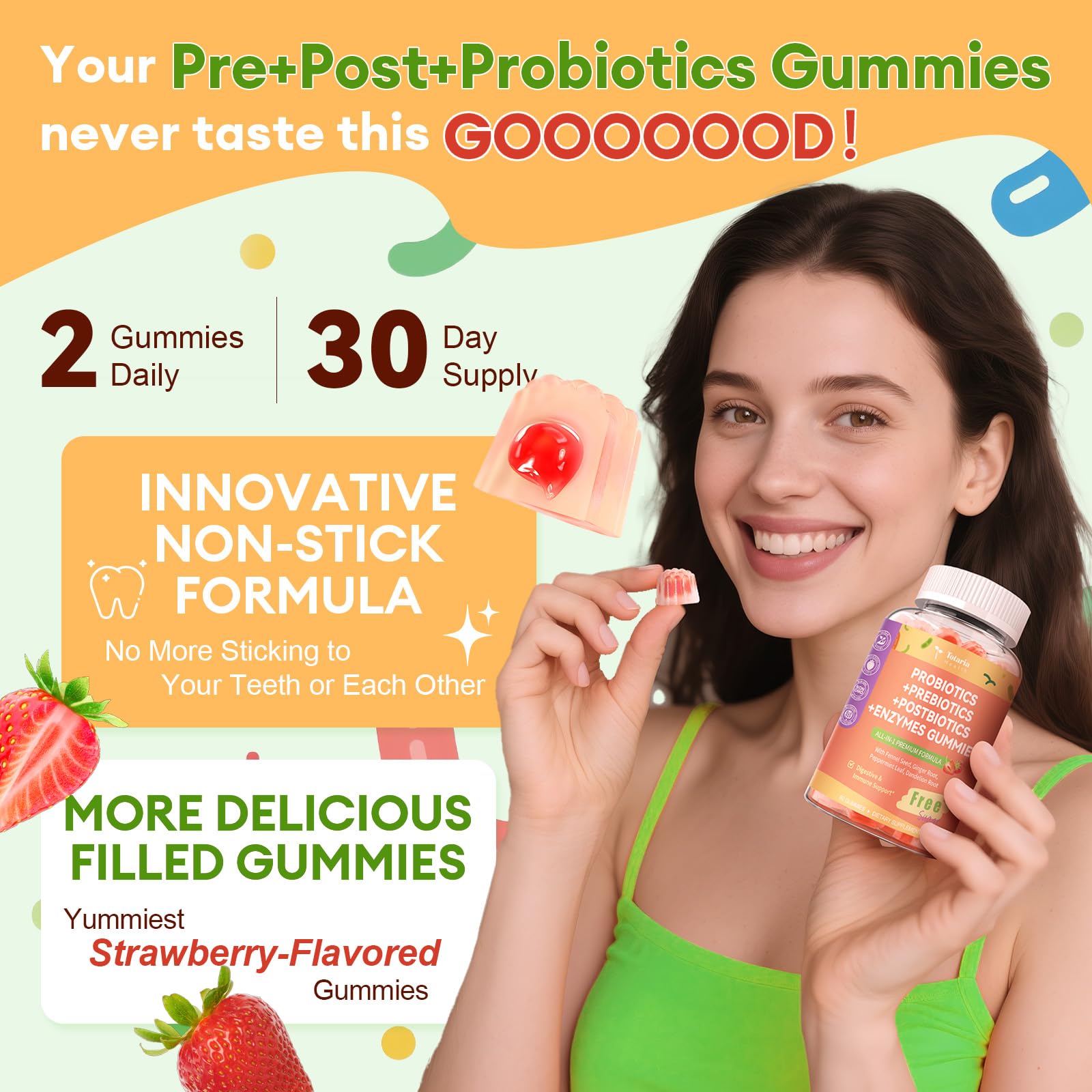 Totaria Sugar Free 5-in-1 Probiotic Prebiotic Postbiotic Gummy, 36 Strains Probiotics for Women Men with Digestive Enzymes, Peppermint, Complete Immune, - OzHealthStandard