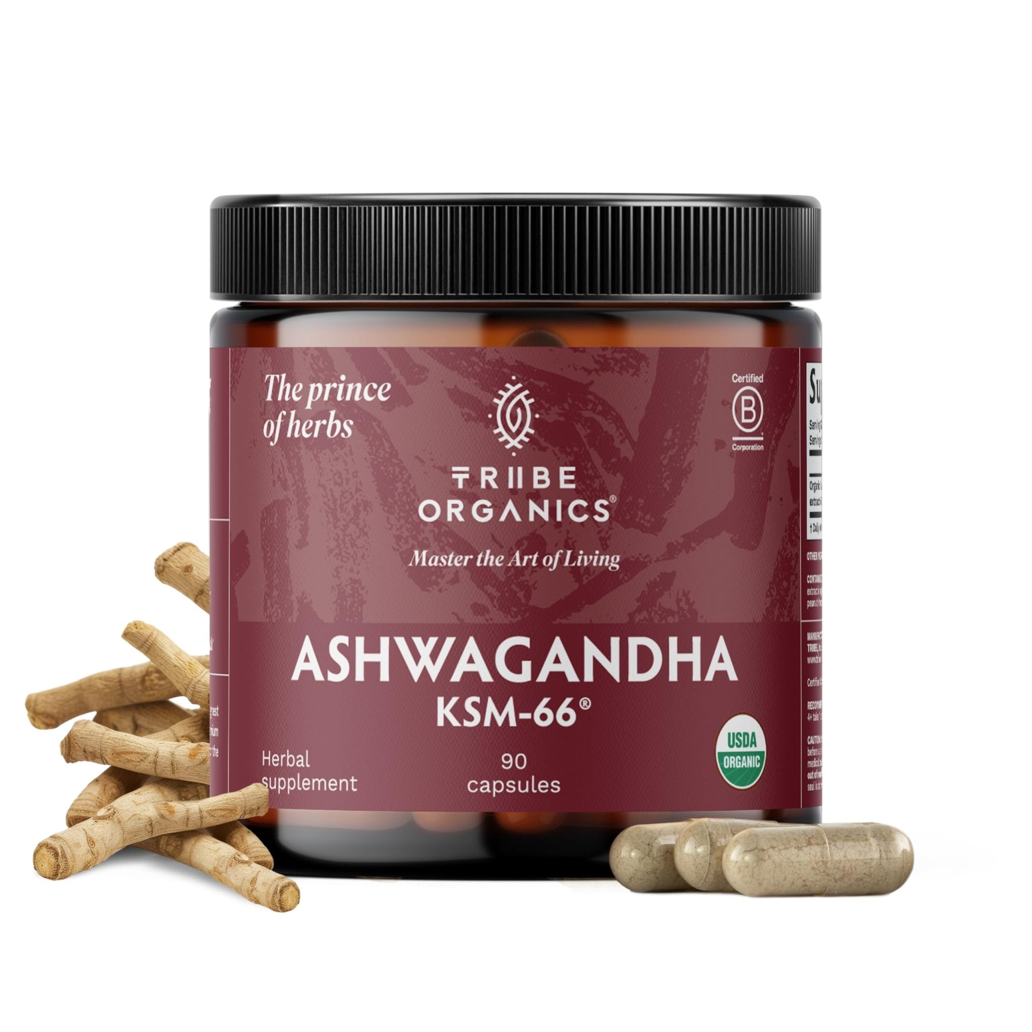 TRIBE ORGANICS Ashwagandha KSM 66 Pure Organic Root Powder Extract Ayurvedic Supplement - Focus Mood Support Increase Energy Strength 600mg of Natural KSM66 for Superior Absorption - 90 Capsules - OzHealthStandard