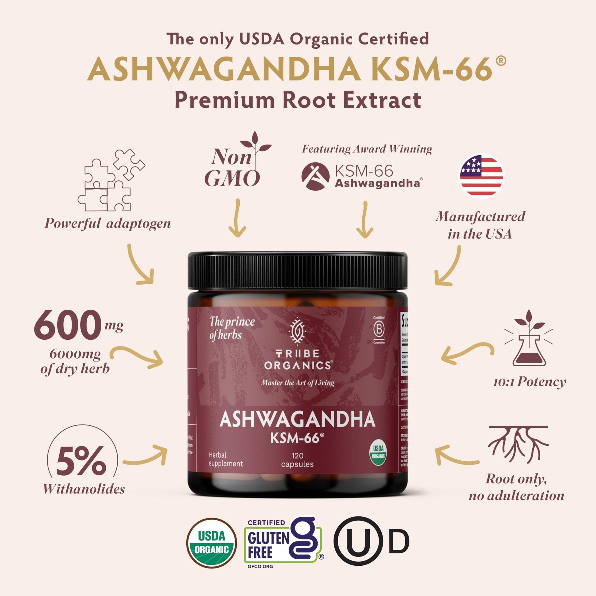 TRIBE ORGANICS Ashwagandha KSM 66 Pure Organic Root Powder Extract Ayurvedic Supplement - Focus, Mood Support, Increase Energy, Strength, 600mg of Natural KSM66 for Superior Absorption - 120 Capsules - OzHealthStandard