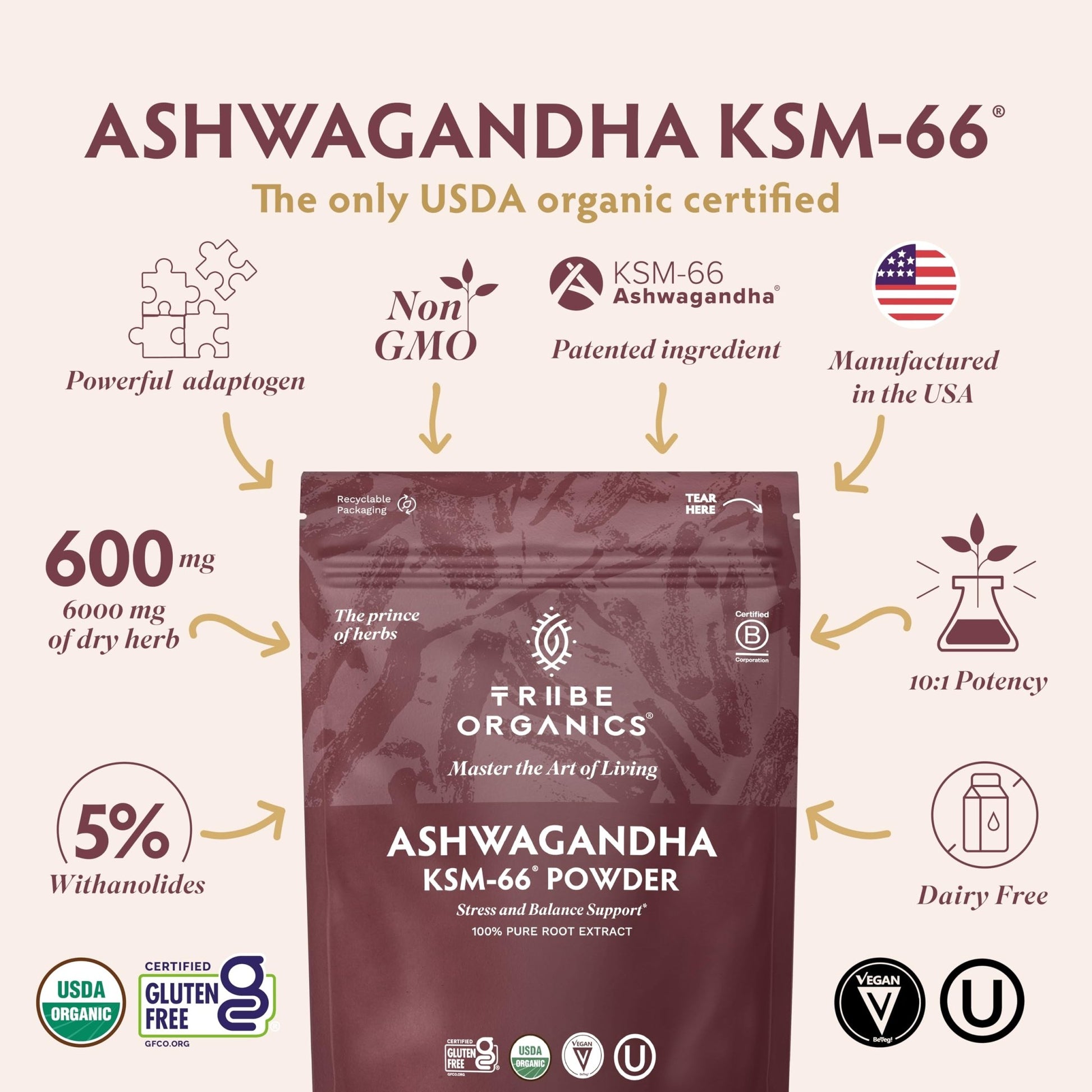 TRIBE ORGANICS KSM-66 Ashwagandha Root Extract Powder Ayurvedic Herb for Mood Support | Increase Energy | Strength - Organic | Natural | Gluten Free | Non GMO | Full-Spectrum - 100g Pouch - OzHealthStandard