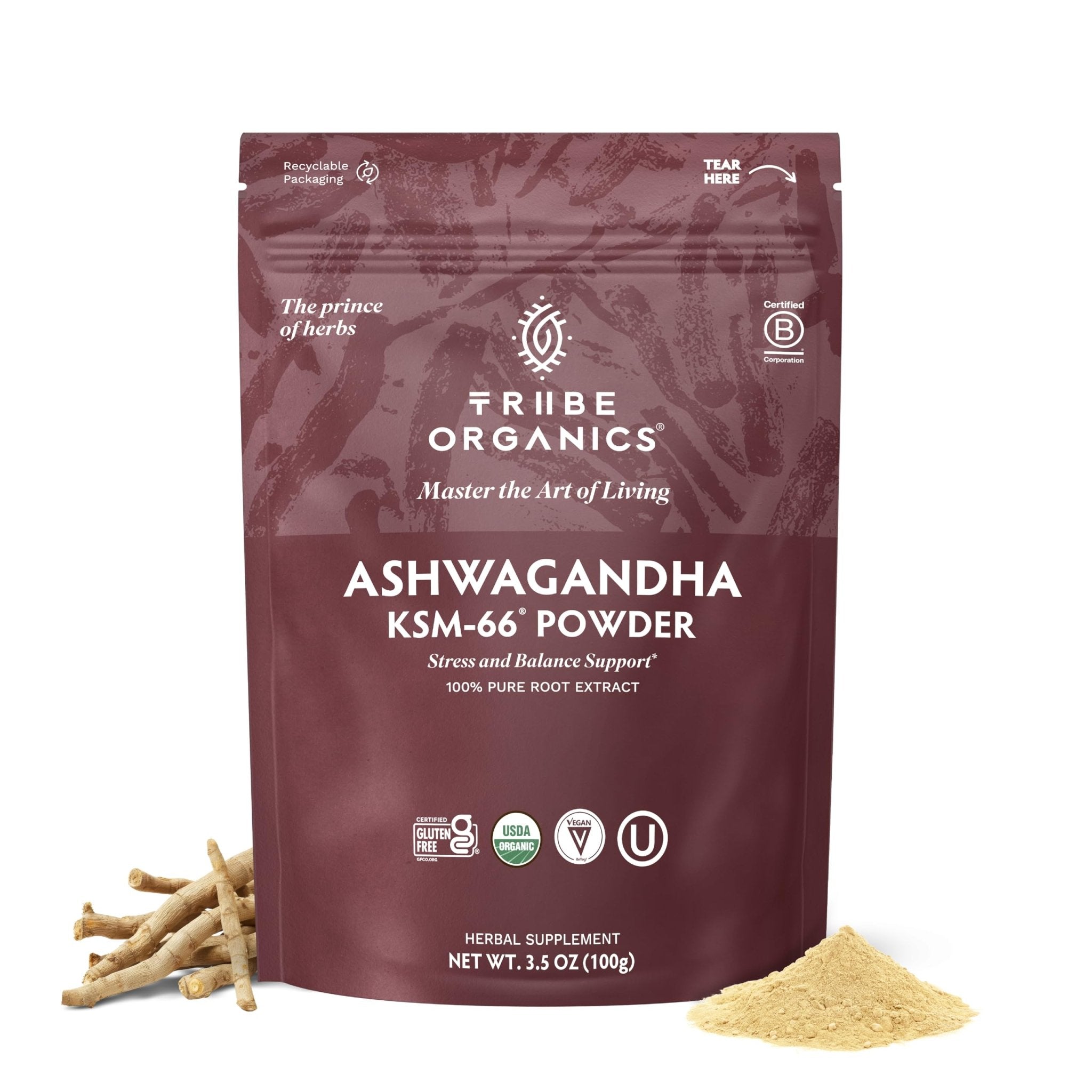 TRIBE ORGANICS KSM-66 Ashwagandha Root Extract Powder Ayurvedic Herb for Mood Support | Increase Energy | Strength - Organic | Natural | Gluten Free | Non GMO | Full-Spectrum - 100g Pouch - OzHealthStandard