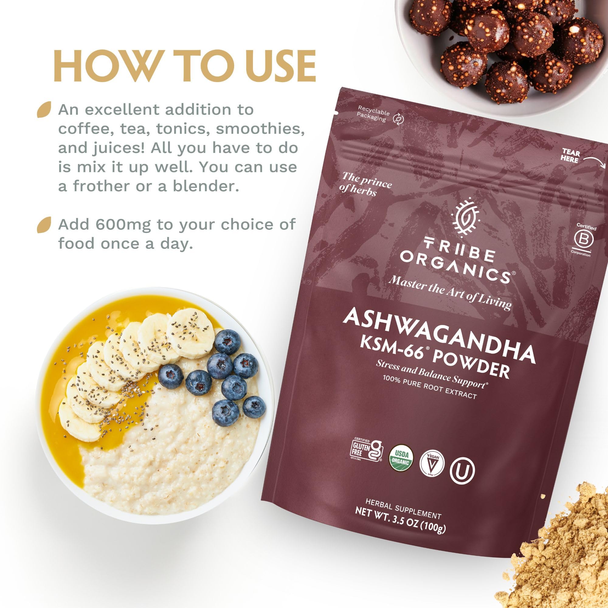 TRIBE ORGANICS KSM-66 Ashwagandha Root Extract Powder Ayurvedic Herb for Mood Support | Increase Energy | Strength - Organic | Natural | Gluten Free | Non GMO | Full-Spectrum - 100g Pouch - OzHealthStandard