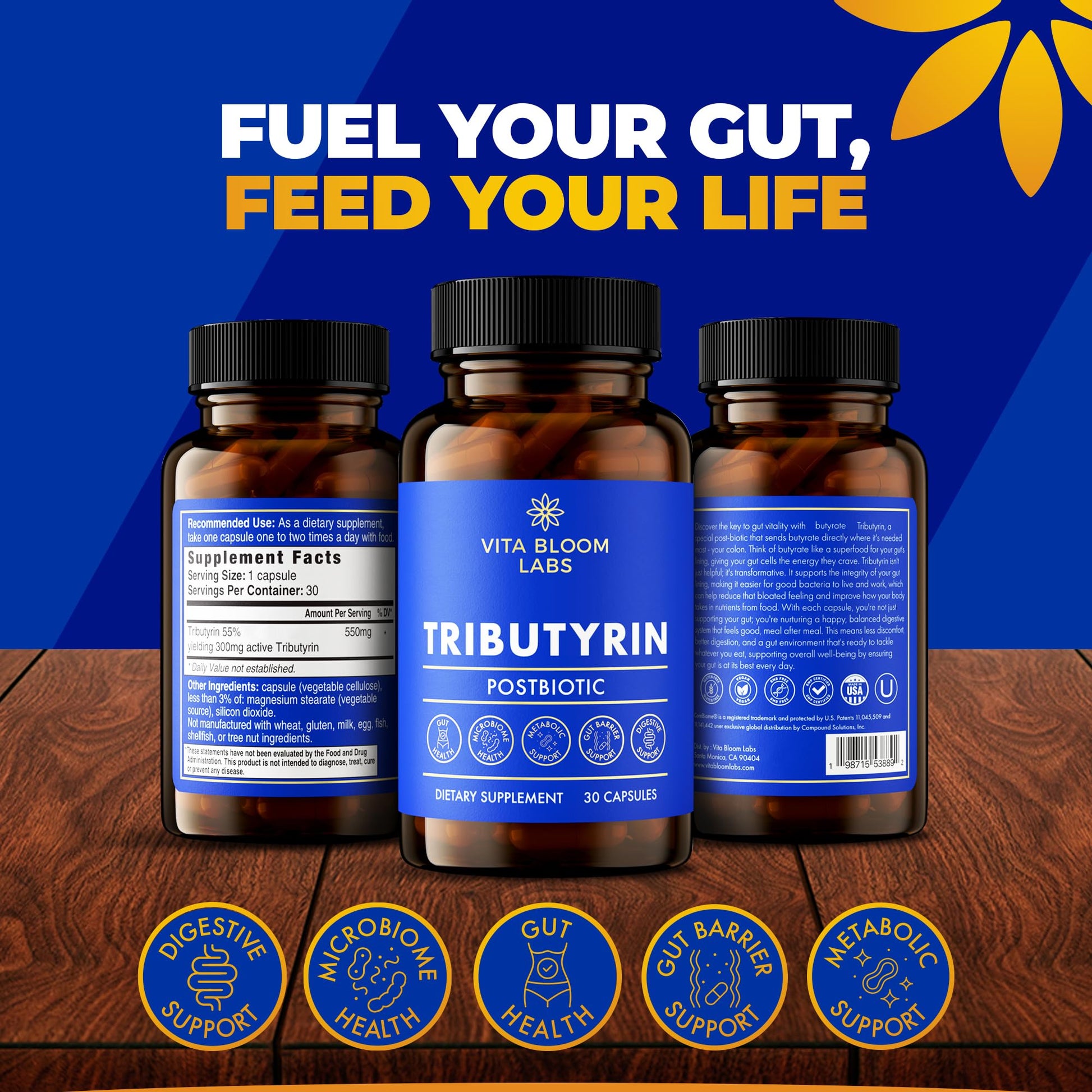Tributyrin Supplement - Better Delivery & More Effective than Sodium Butyrate - Gut Health & Digestive Support - 3-in-1 Butyrate Postbiotics for Leaky Gut & Gut Barrier Support - 30 Capsules - OzHealthStandard