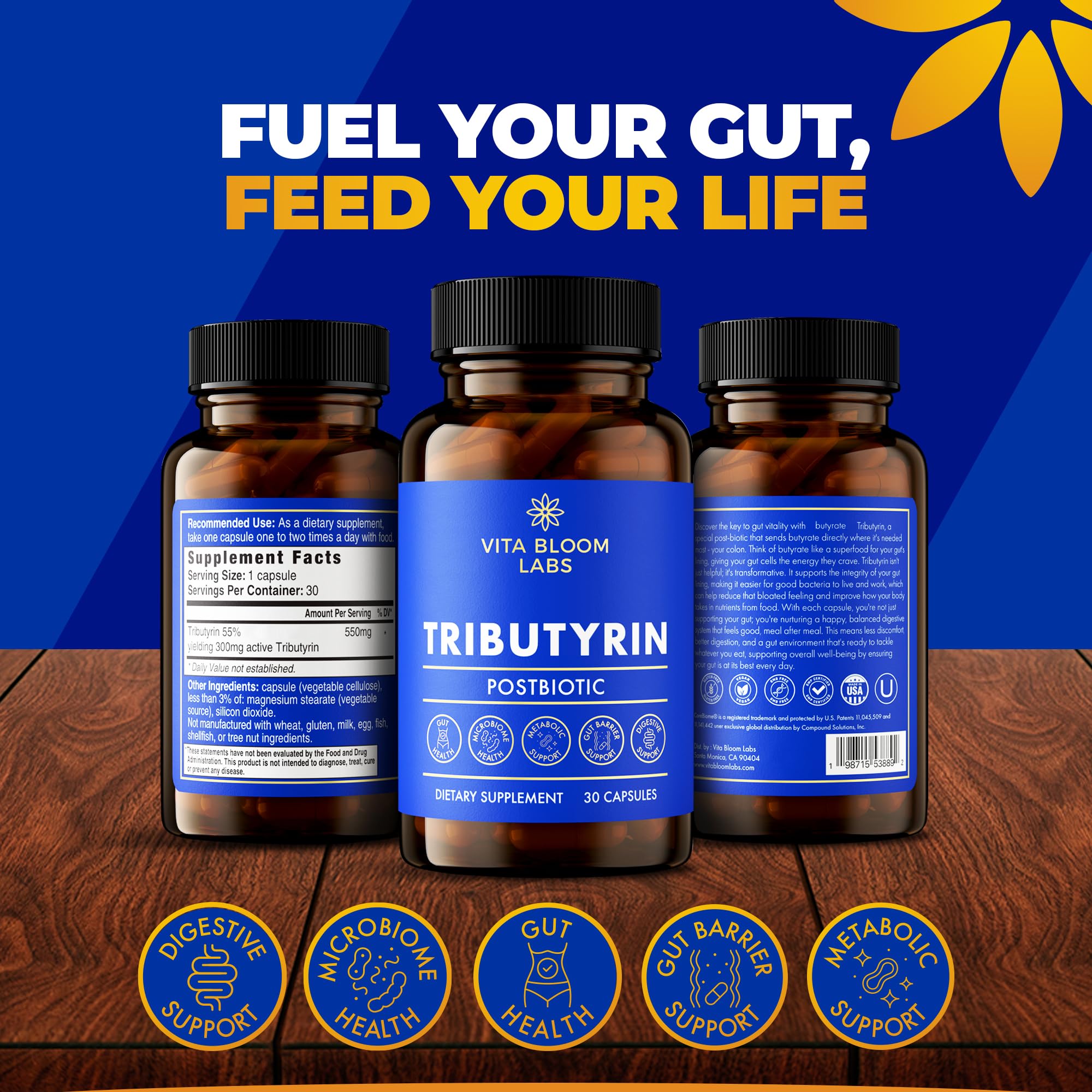 Tributyrin Supplement - Better Delivery & More Effective than Sodium Butyrate - Gut Health & Digestive Support - 3-in-1 Butyrate Postbiotics for Leaky Gut & Gut Barrier Support - 30 Capsules - OzHealthStandard