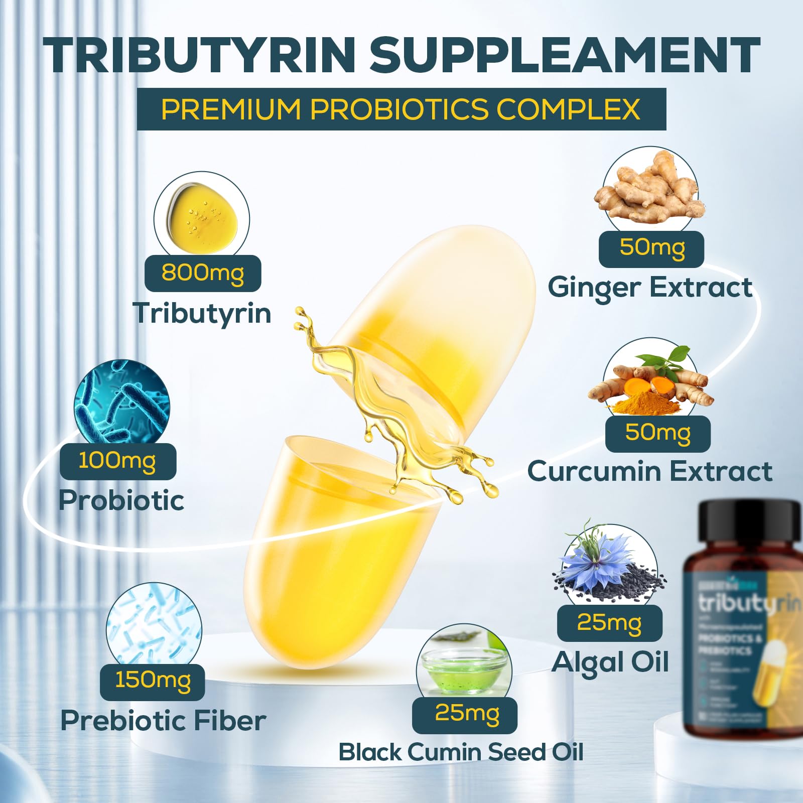 Tributyrin Supplement for Gut & Immune 800mg | High Bioavailability with Microencapsulated Probiotics & Prebiotics - Advanced Liquid-Filled Tributyrin Complex, Gluten Free, 90 Capsules - OzHealthStandard