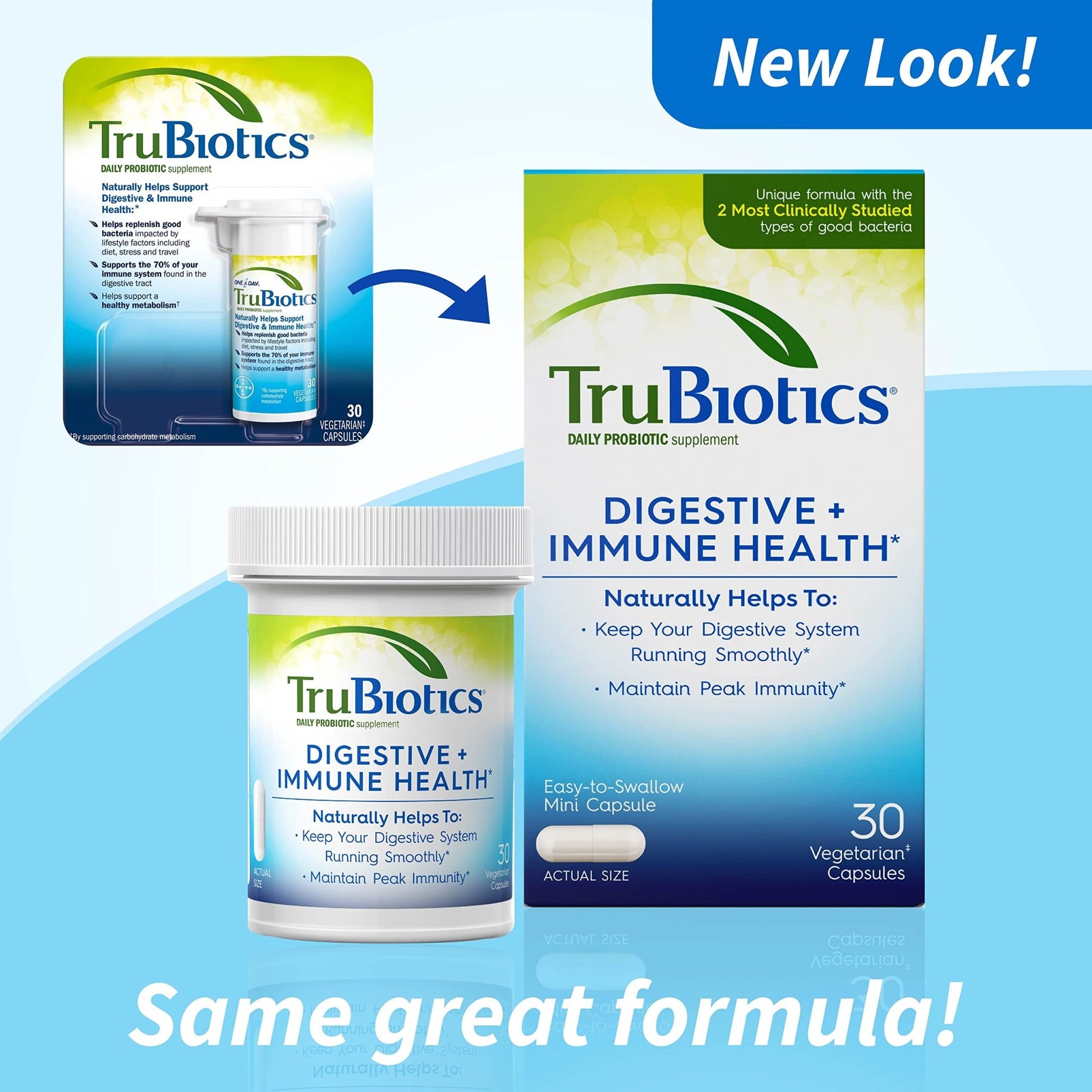 TruBiotics Probiotics for Digestive & Immune Health, Supports Regularity & Helps Relieve Abdominal Discomfort, Gas & Bloating, 2 Clinically Studied Probiotic Strains, Plus Prebiotics, 30 Capsules - OzHealthStandard