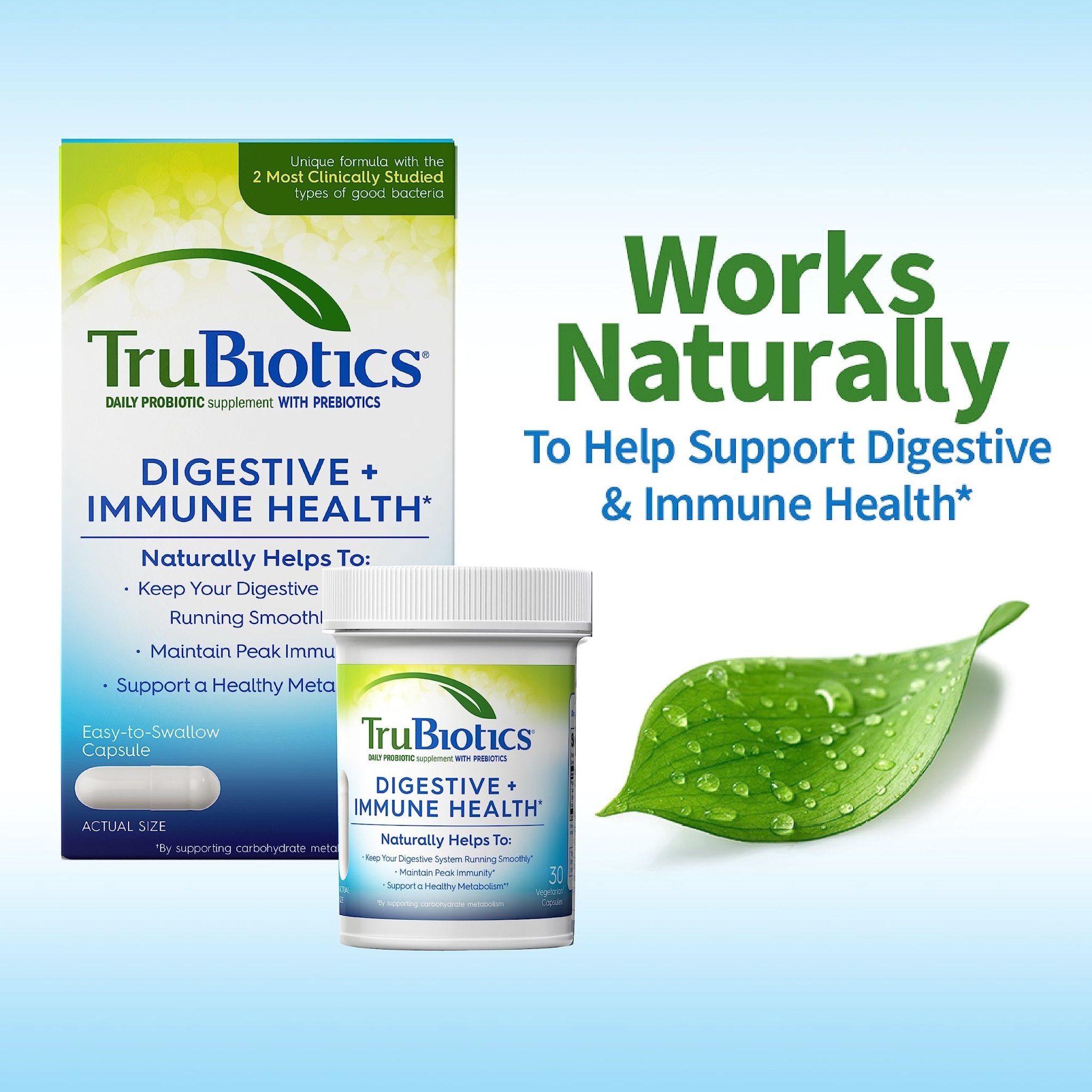 TruBiotics Probiotics for Digestive & Immune Health, Supports Regularity & Helps Relieve Abdominal Discomfort, Gas & Bloating, 2 Clinically Studied Probiotic Strains, Plus Prebiotics, 30 Capsules - OzHealthStandard