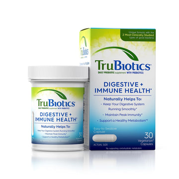 TruBiotics Probiotics for Digestive & Immune Health, Supports Regularity & Helps Relieve Abdominal Discomfort, Gas & Bloating, 2 Clinically Studied Probiotic Strains, Plus Prebiotics, 30 Capsules - OzHealthStandard