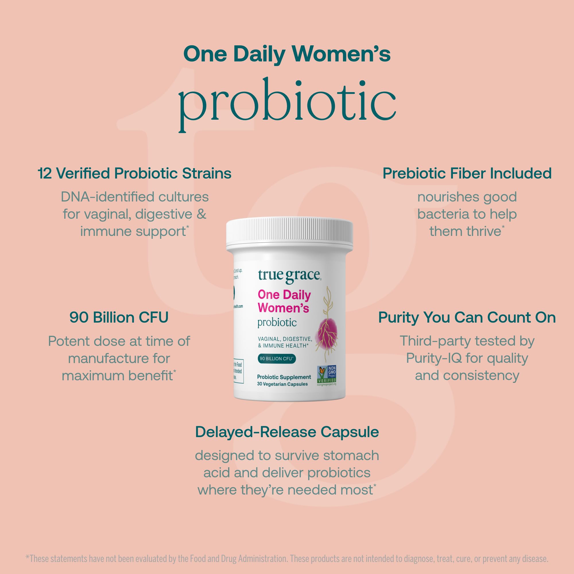 True Grace One Daily Women’s Probiotic - 30 Vegetarian Capsules - 90 Billion CFU - Digestive, Vaginal & Immune Health - Gluten & Soy Free - OzHealthStandard