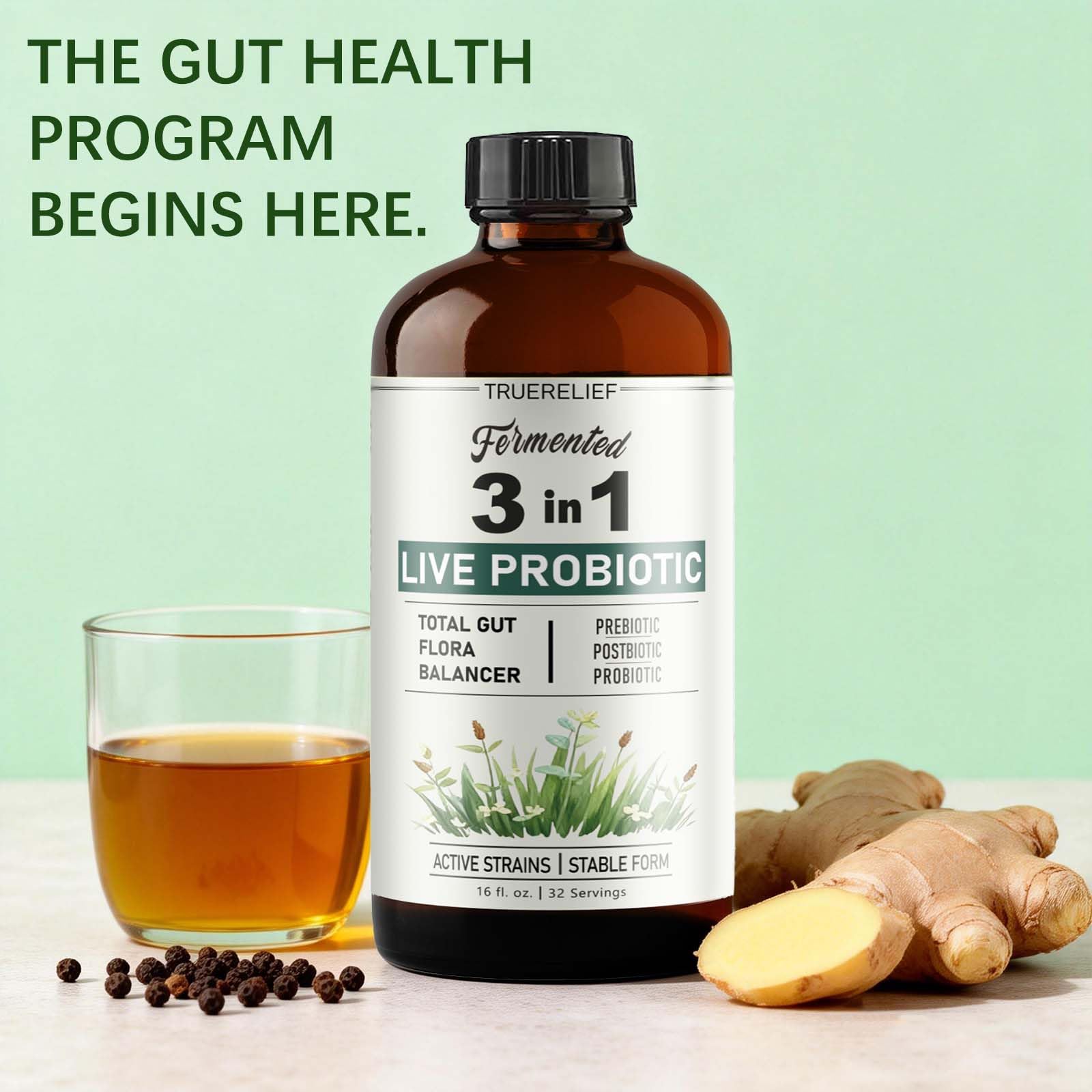 TRUERELIEF Women's Daily Probiotic + Prebiotic + Postbiotic Liquid, 3-in-1 for Gut Health, 10 Strains & 18 Fermented Herbs (1) - OzHealthStandard