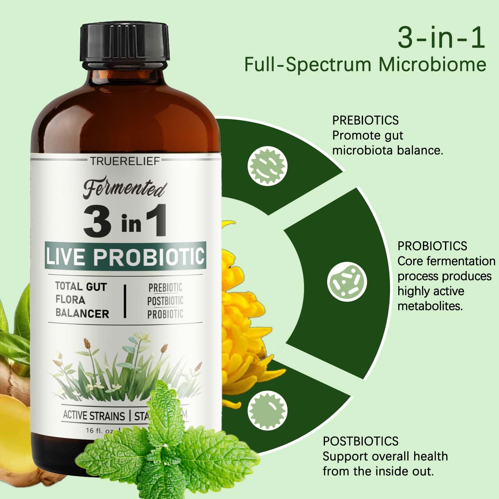 TRUERELIEF Women's Daily Probiotic + Prebiotic + Postbiotic Liquid, 3-in-1 for Gut Health, 10 Strains & 18 Fermented Herbs (1) - OzHealthStandard