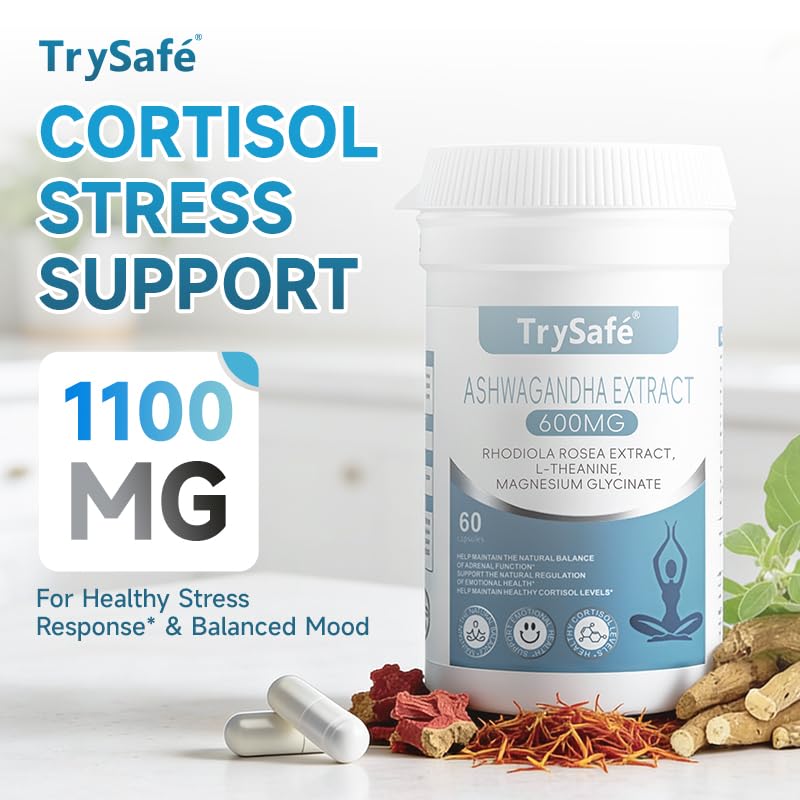 TrySafe 1100MG Cortisol Supplements for Women and Man with 600MG Ashwagandha, 200MG Rhodiola Rosea, 200MG L-Theanine, 100MG Magnesium Glycinate | for Healthy Stress Response*, Mood* - OzHealthStandard