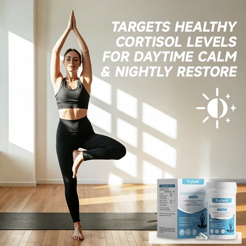 TrySafe 1100MG Cortisol Supplements for Women and Man with 600MG Ashwagandha, 200MG Rhodiola Rosea, 200MG L-Theanine, 100MG Magnesium Glycinate | for Healthy Stress Response*, Mood* - OzHealthStandard