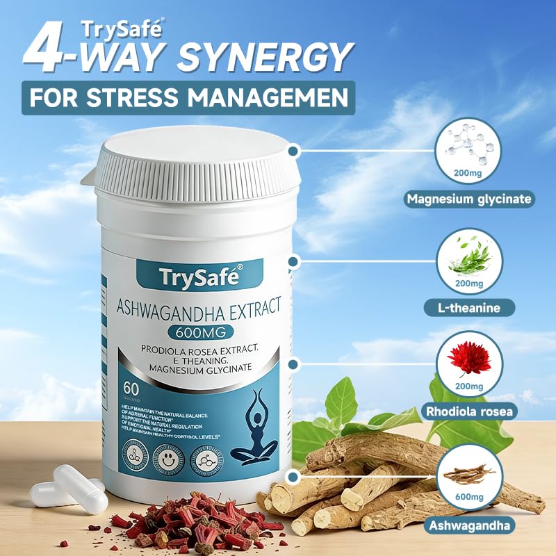 TrySafe 1100MG Cortisol Supplements for Women and Man with 600MG Ashwagandha, 200MG Rhodiola Rosea, 200MG L-Theanine, 100MG Magnesium Glycinate | for Healthy Stress Response*, Mood* - OzHealthStandard
