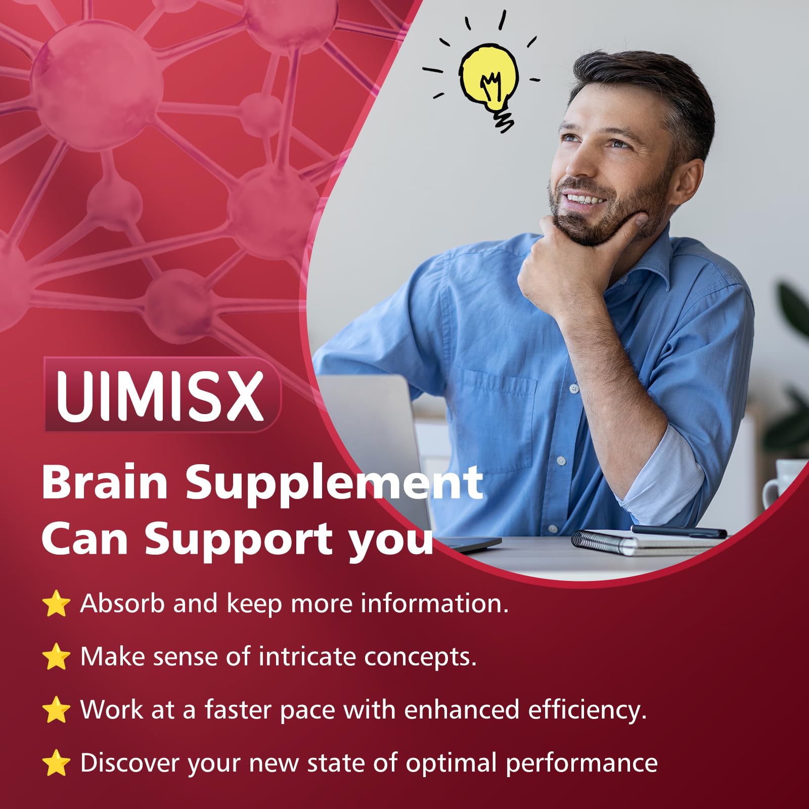 UIMISX Brain Supplement for Mental Alertness, Memory, Focus & Energy, Alpha GPC, Huperzine-A, L-Tyrosine, Phosphatidylserine, Vitamins B6 B12, High Absorption, 90 Capsules - OzHealthStandard