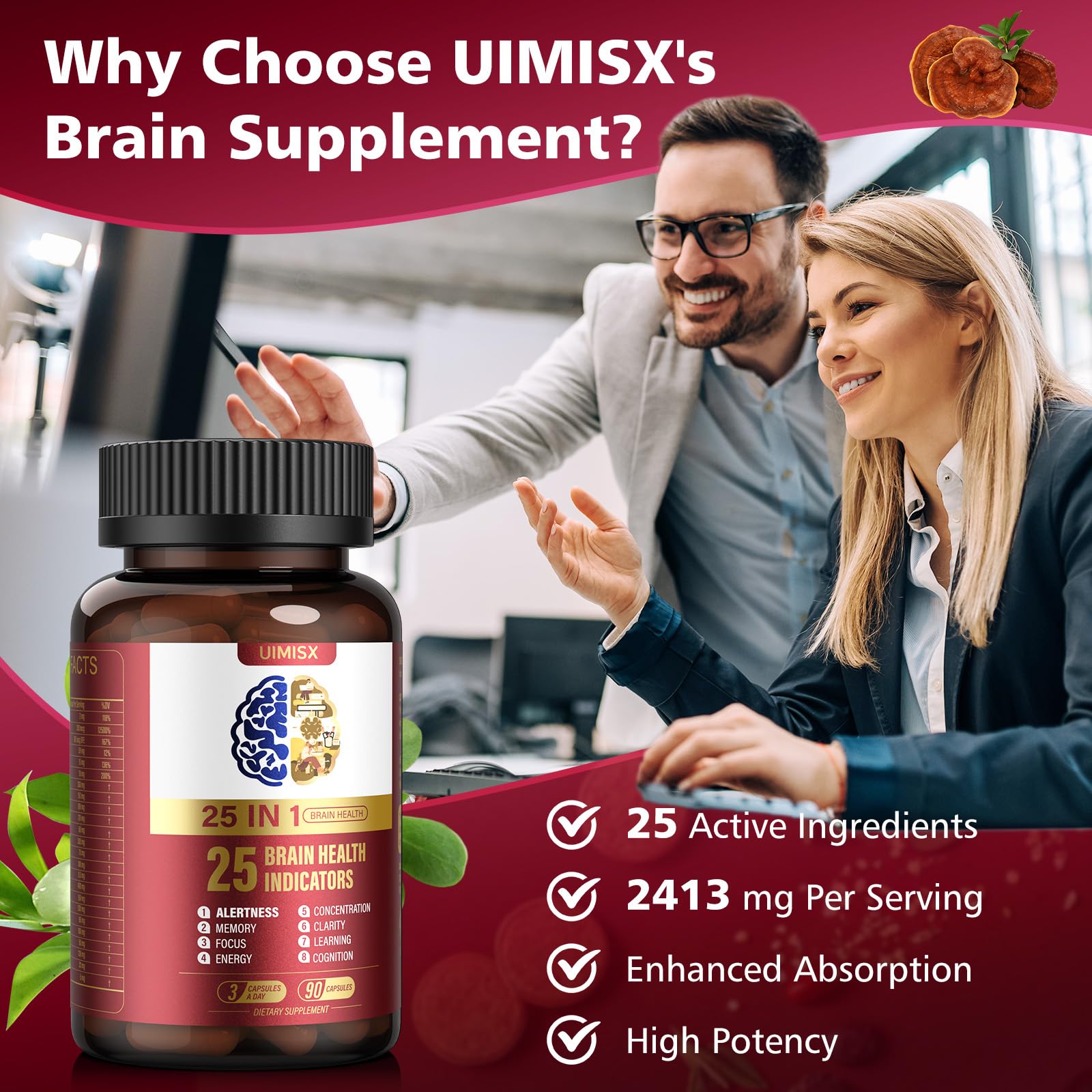 UIMISX Brain Supplement for Mental Alertness, Memory, Focus & Energy, Alpha GPC, Huperzine-A, L-Tyrosine, Phosphatidylserine, Vitamins B6 B12, High Absorption, 90 Capsules - OzHealthStandard