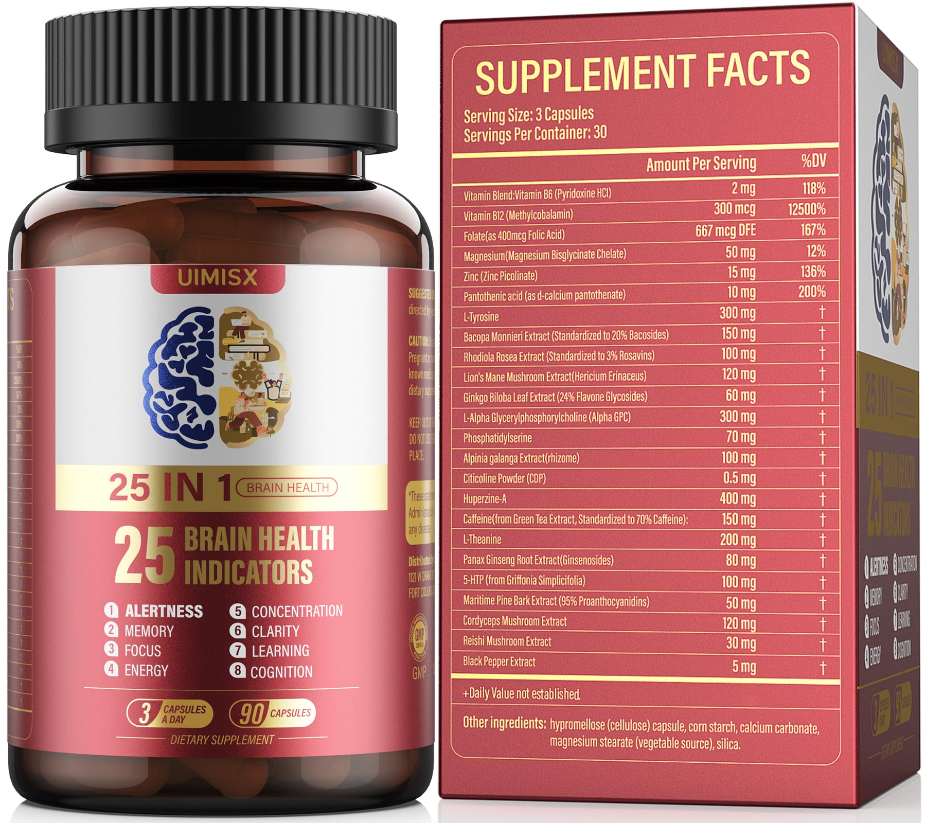 UIMISX Brain Supplement for Mental Alertness, Memory, Focus & Energy, Alpha GPC, Huperzine-A, L-Tyrosine, Phosphatidylserine, Vitamins B6 B12, High Absorption, 90 Capsules - OzHealthStandard