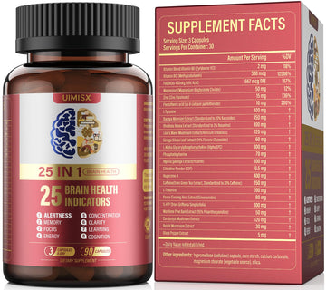 UIMISX Brain Supplement for Mental Alertness, Memory, Focus & Energy, Alpha GPC, Huperzine-A, L-Tyrosine, Phosphatidylserine, Vitamins B6 B12, High Absorption, 90 Capsules - OzHealthStandard