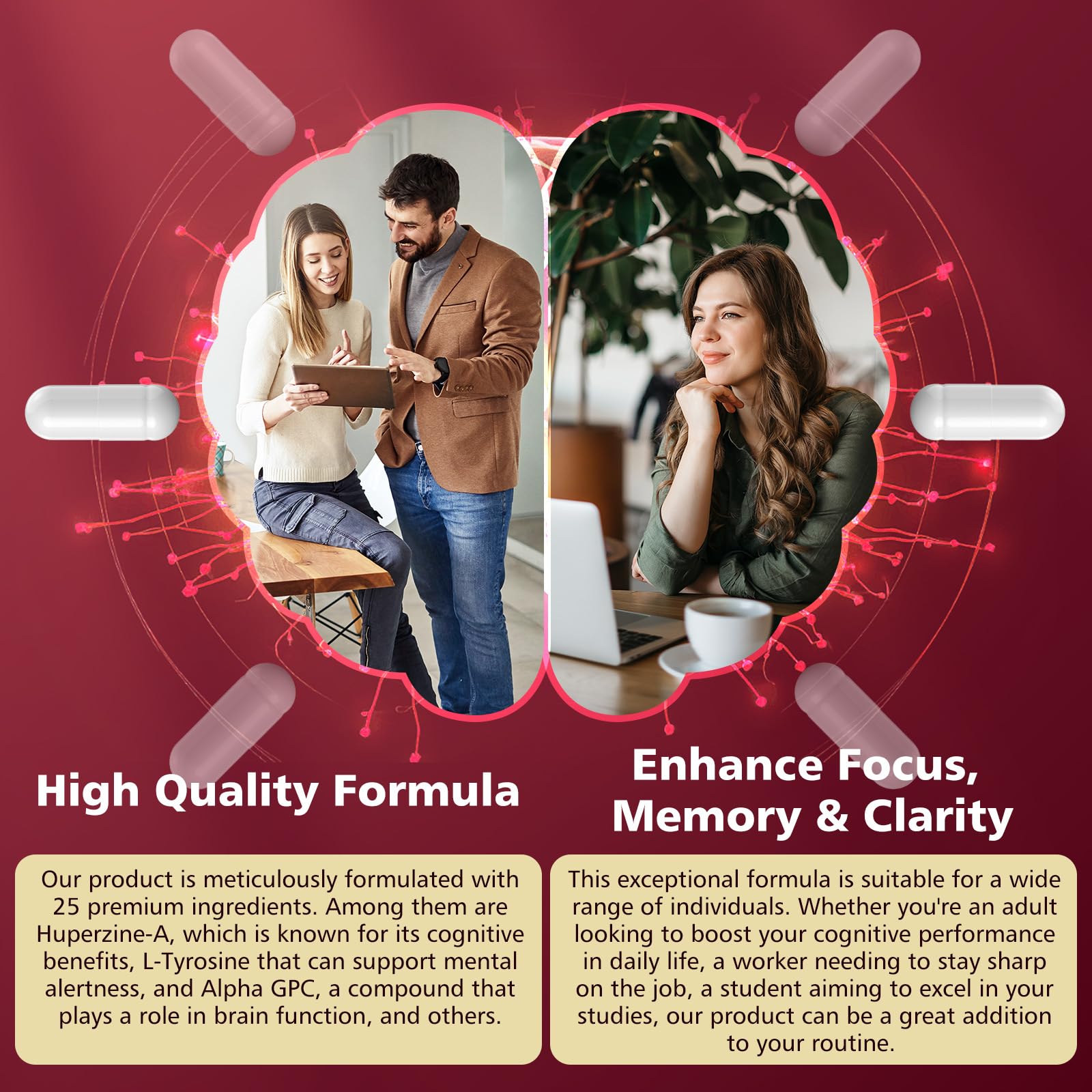 UIMISX Brain Supplement for Mental Alertness, Memory, Focus & Energy, Alpha GPC, Huperzine-A, L-Tyrosine, Phosphatidylserine, Vitamins B6 B12, High Absorption, 90 Capsules - OzHealthStandard