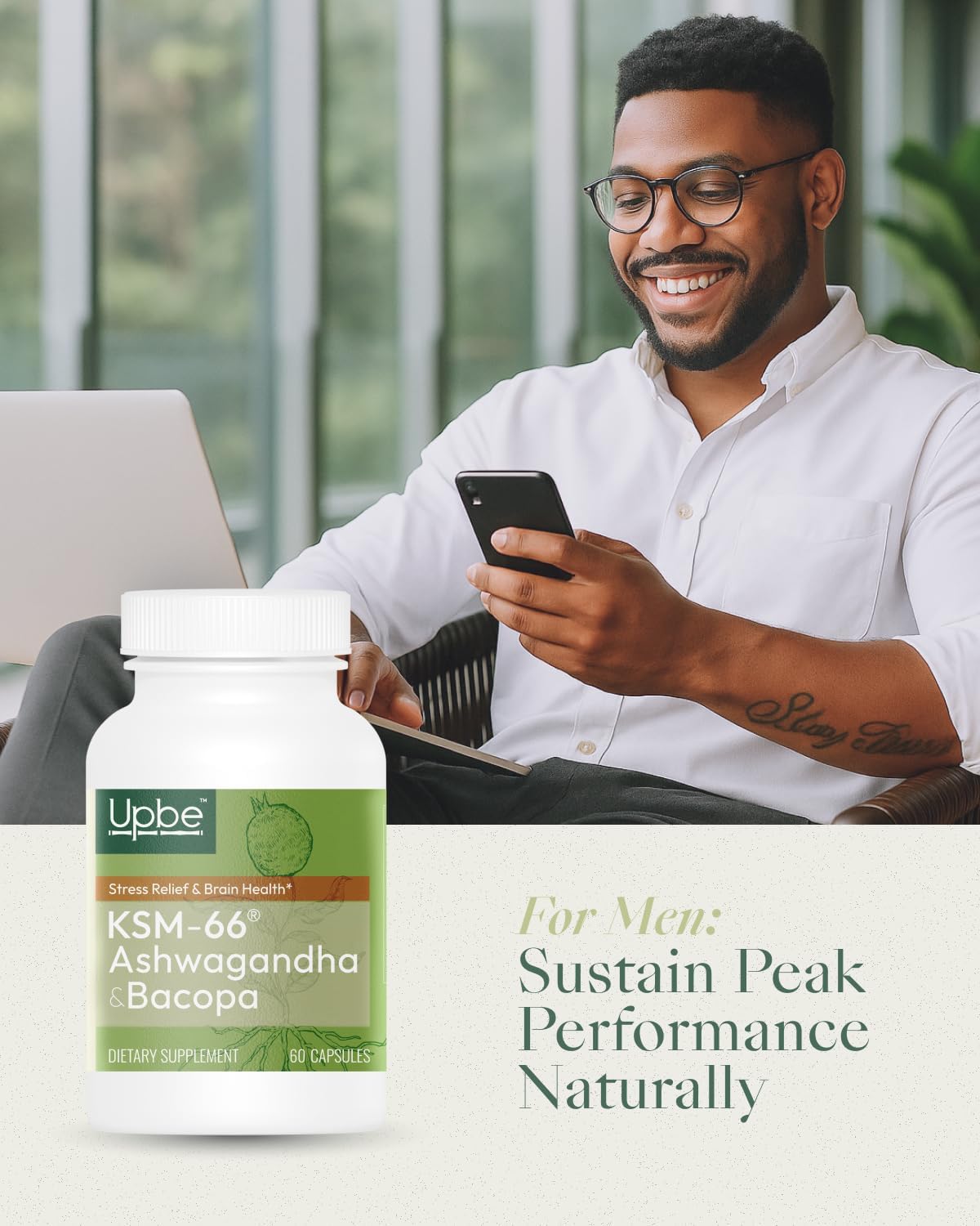 Upbe Ashwagandha Supplements for Women & Men - KSM-66® with Bacopa & Milk Thistle, 60 Vegan Capsules - Stress Relief, Mood, Cortisol Support, Extra Strength Ashwagandha Capsules - OzHealthStandard