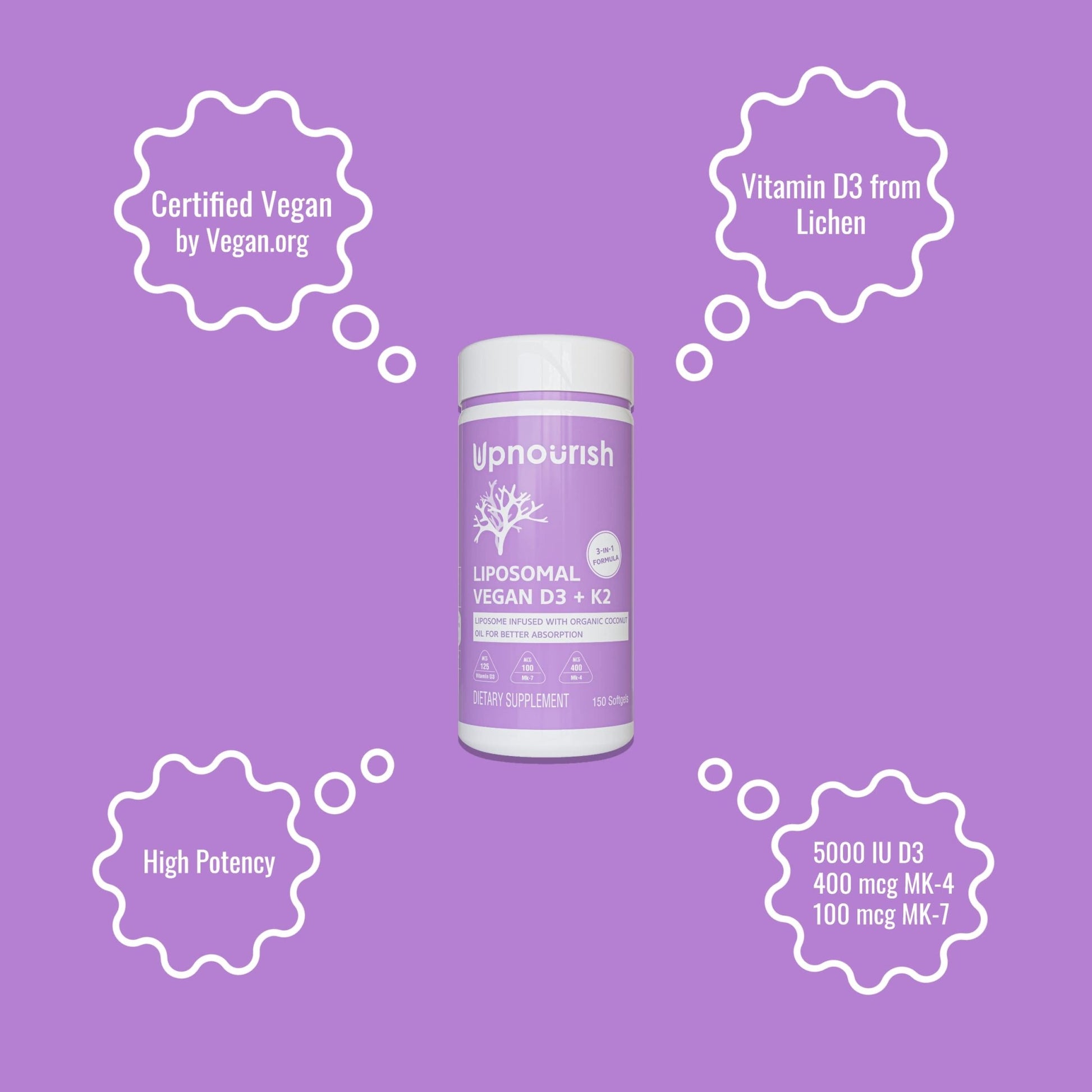 UpNourish Certified Vegan Vitamin D3 5000 IU K2 MK4 MK7 500 mcg Supplement, 150 Softgels, Plant Based Liposomal Vitamin D K with Organic - OzHealthStandard