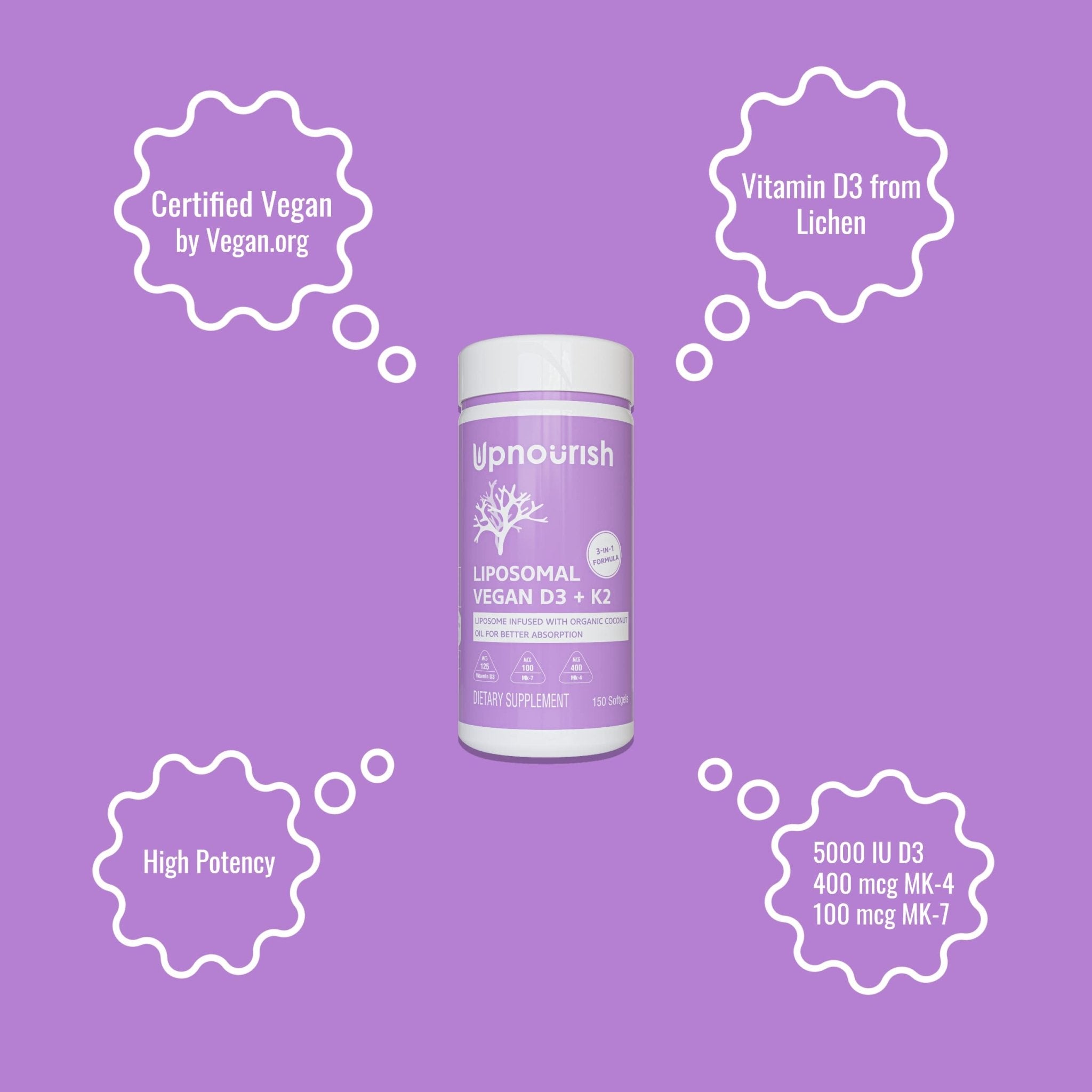 UpNourish Certified Vegan Vitamin D3 5000 IU K2 MK4 MK7 500 mcg Supplement, 150 Softgels, Plant Based Liposomal Vitamin D K with Organic - OzHealthStandard